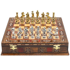 Handmade Inlay Storage Chess Set 30 CM (12") - Greek Archer Die Cast Metal Pieces