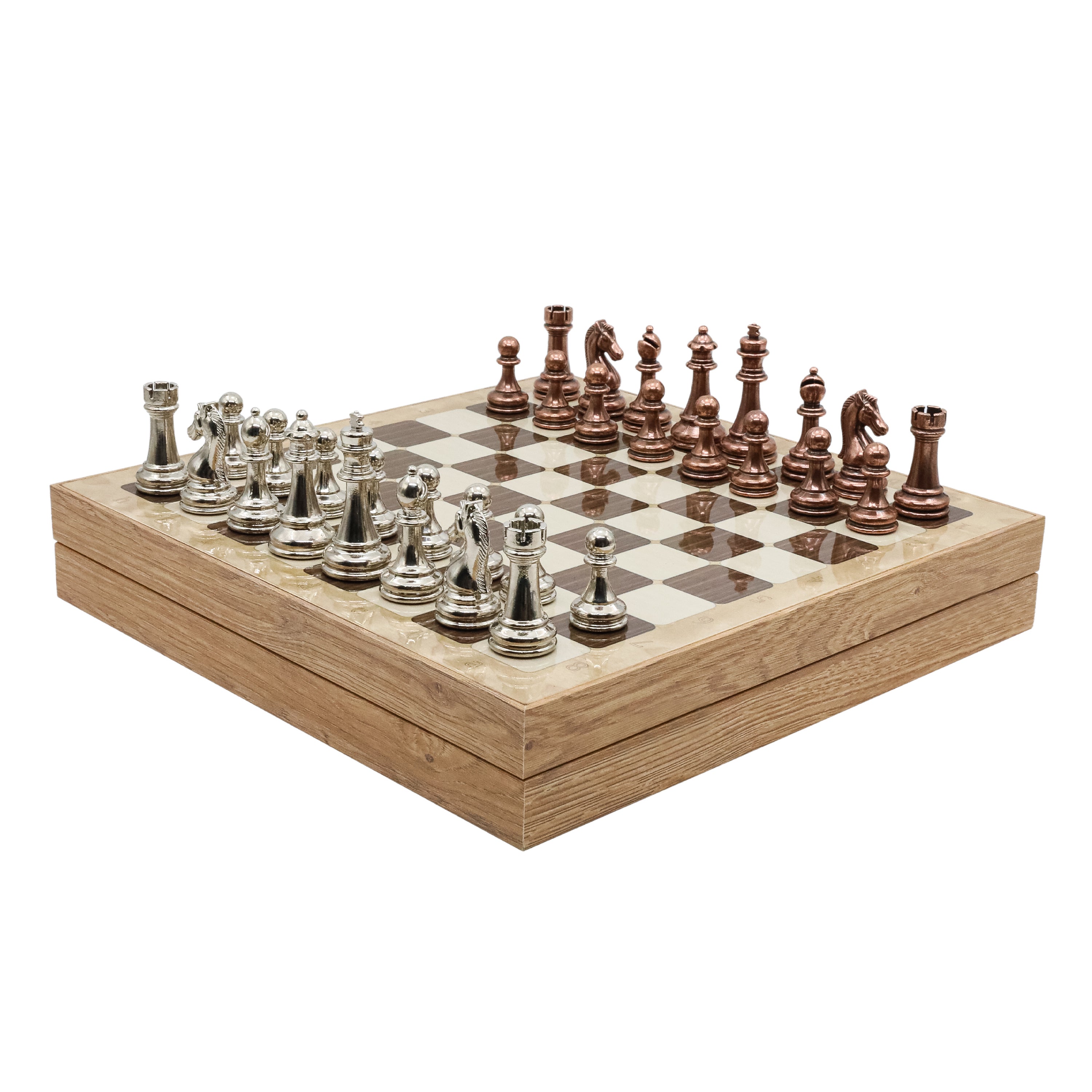 Storage Chess Set with Metal Weighted Staunton Figures (Bronze vs Silver) | 37 CM (15") Storage Chess Board | Classic Metal Figures