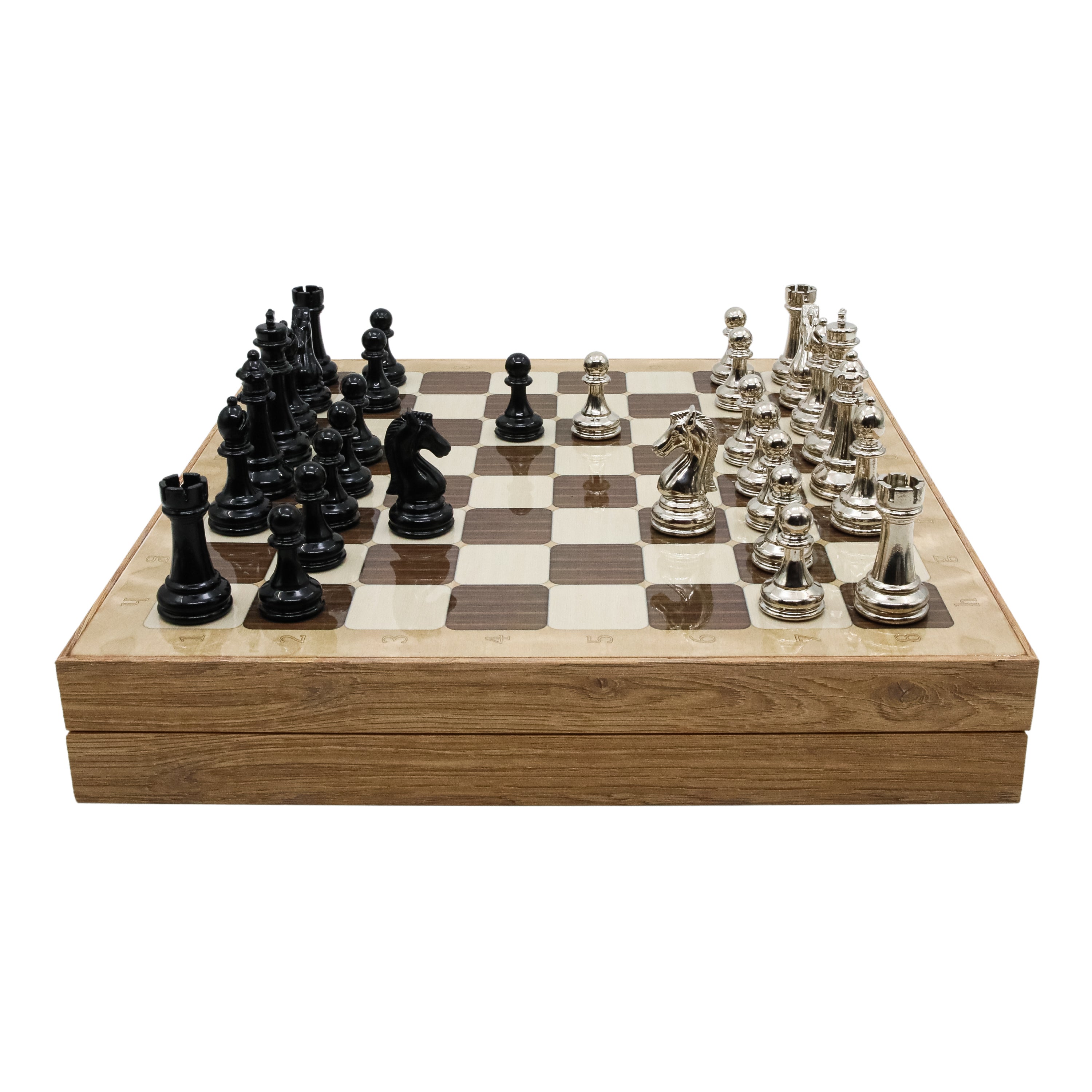 Storage Chess Set with Metal Weighted Staunton Figures (Black vs Silver) | 37 CM (15") Storage Chess Board | Classic Metal Figures