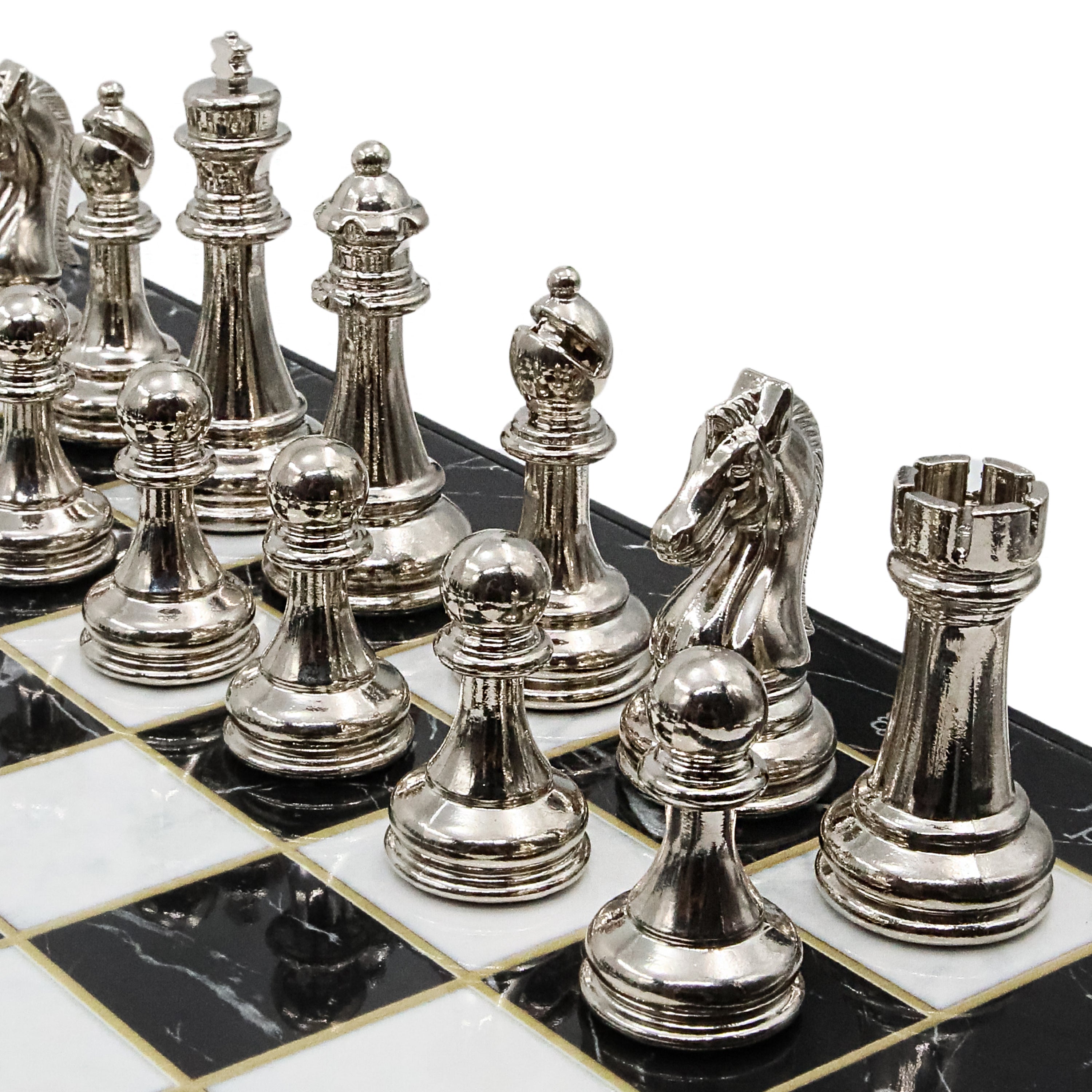 Storage Chess Set with Metal Weighted Staunton Figures (Black vs Silver) | 37 CM (15") Storage Chess Board | Classic Metal Figures