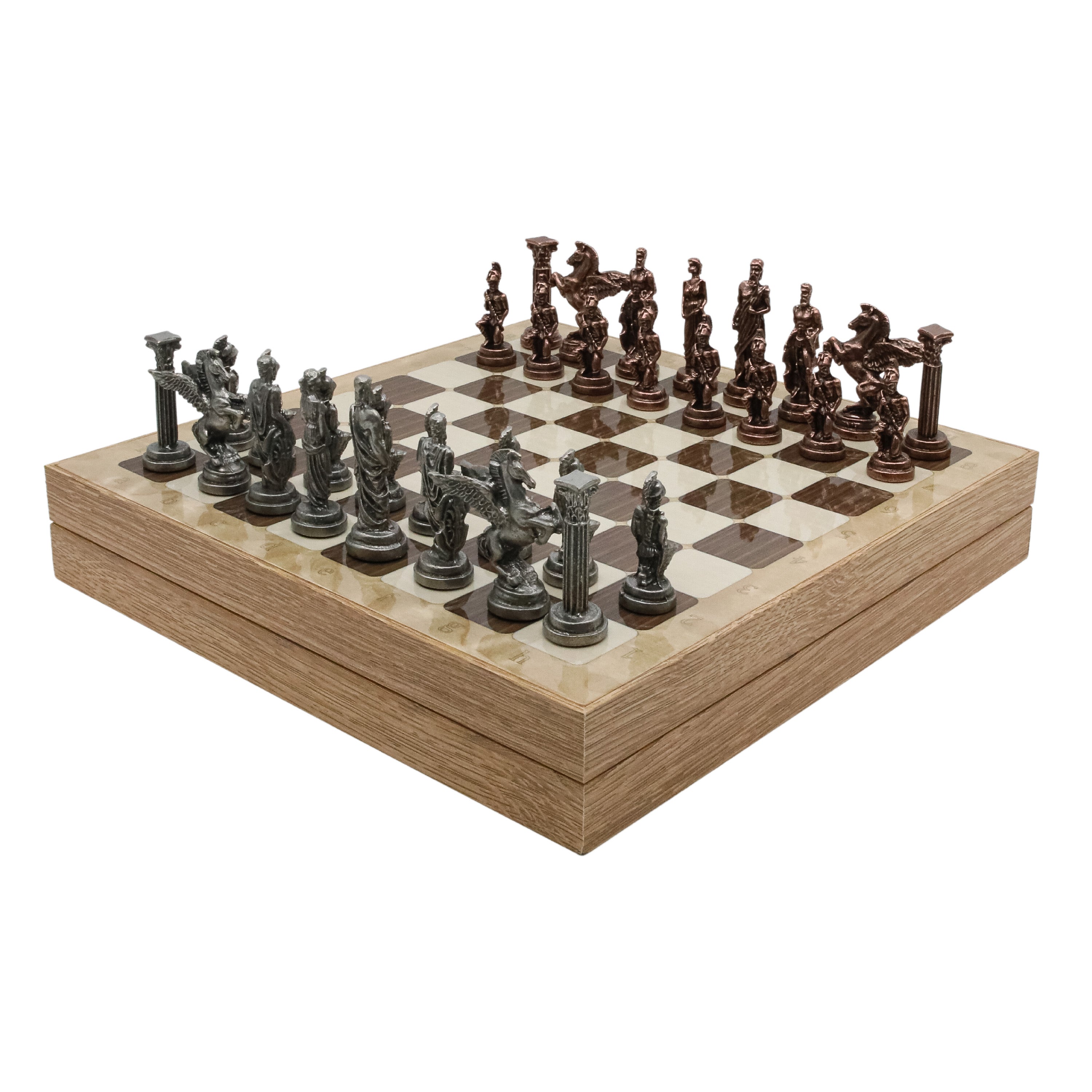 Storage Chess Set with Bronze Metal Mythology Pegasus Chessmen | 37 CM (15") Storage Chess Board | Vintage Greek Pegasus Themed Figures