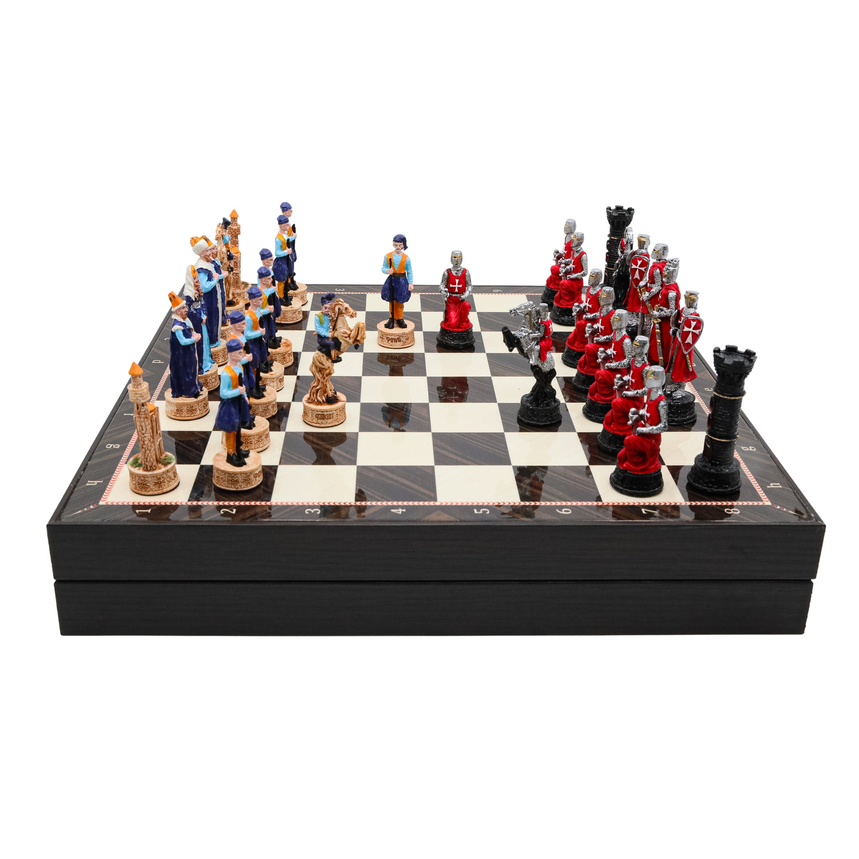 Storage Chess Set with Hand-painted Ottoman Empire vs Crusaders Figures (Black Colour) | 37 CM (15") Storage Chess Board | Ottoman & Crusaders Themed Figures