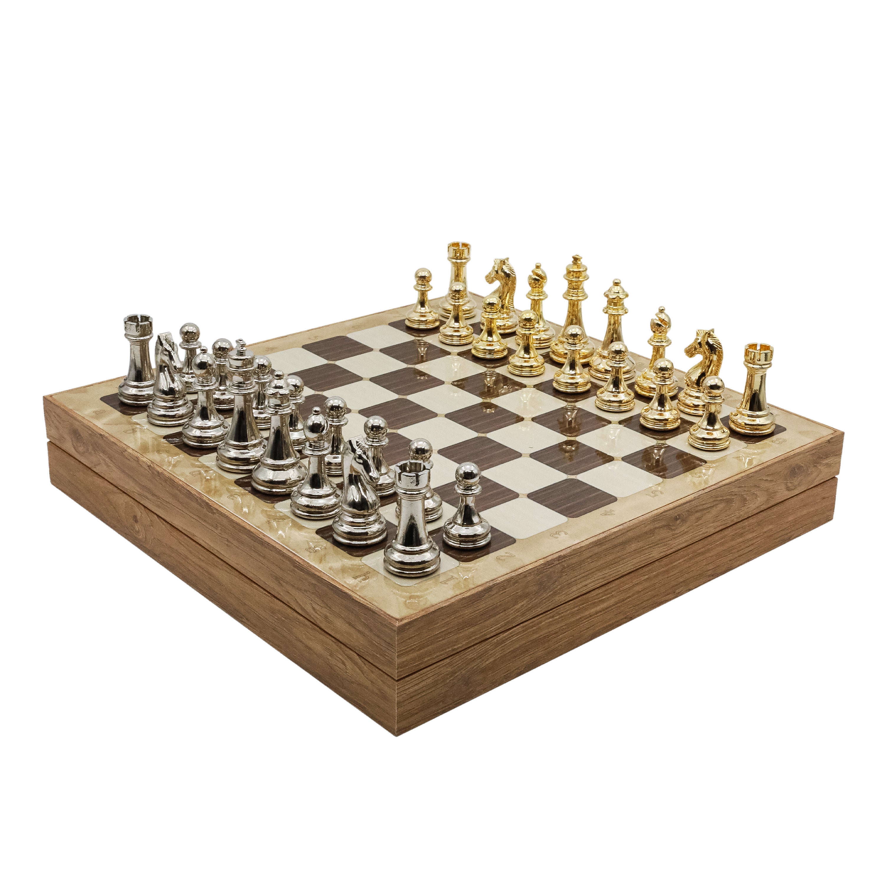 Storage Chess Set with Metal Weighted Staunton Figures (Gold vs Silver) | 37 CM (15") Storage Chess Board | Classic Metal Figures