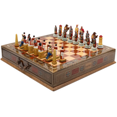 Handmade Inlay Chess Set with Drawer Storage 38 CM (15") - Roman vs Egyptian Pieces