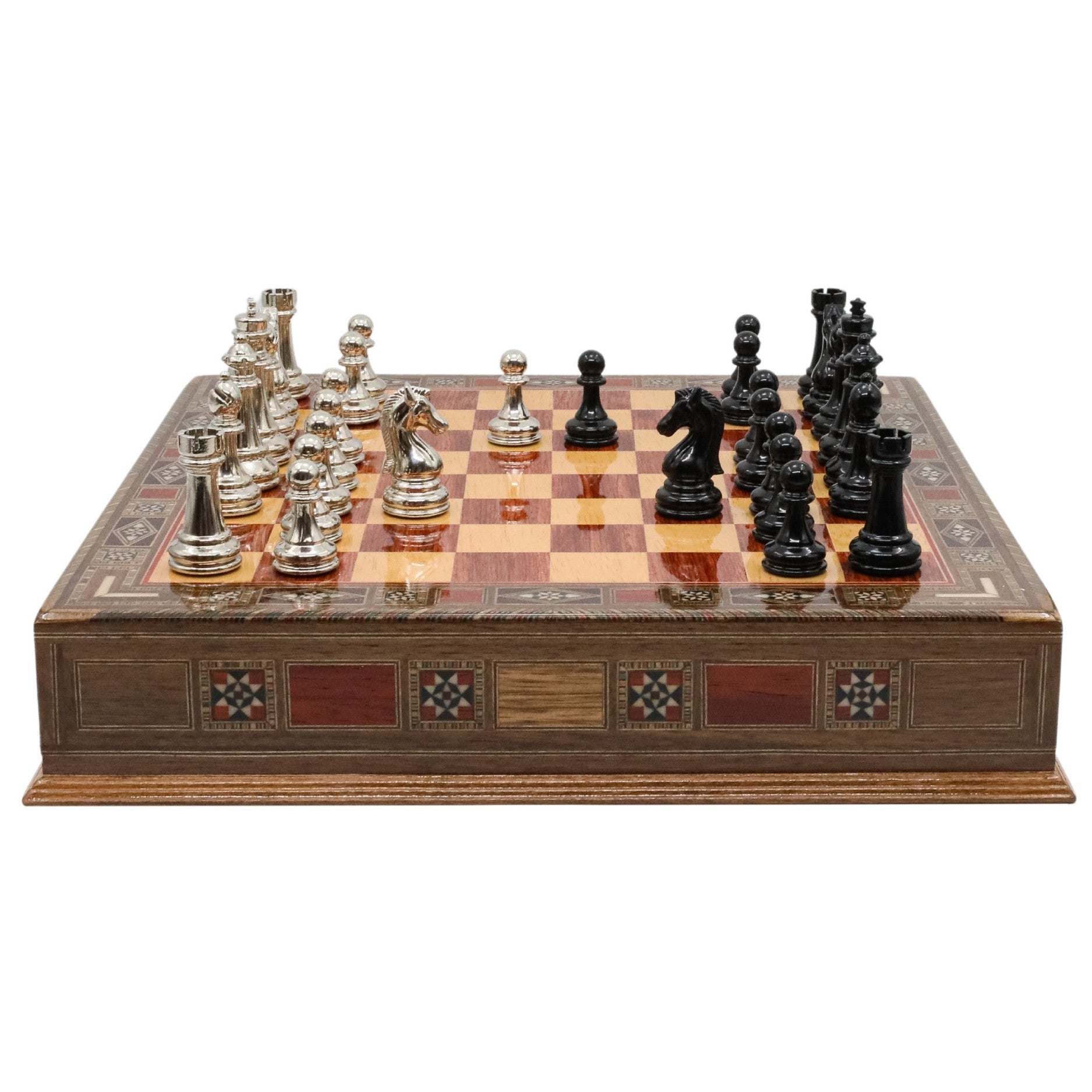 Black Colour Metal Chess Set With Solid Wood Storage Board w/ In-Built Drawer - Die Cast Metal Chessmen | Staunton Chess Pieces, Personalised Chess Gift