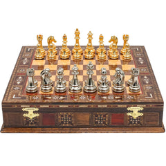 Gold Colour Metal Chess Set With Solid Wood Storage Board - Die Cast Metal Chessmen | Staunton Chess Pieces, Personalised Chess Gift