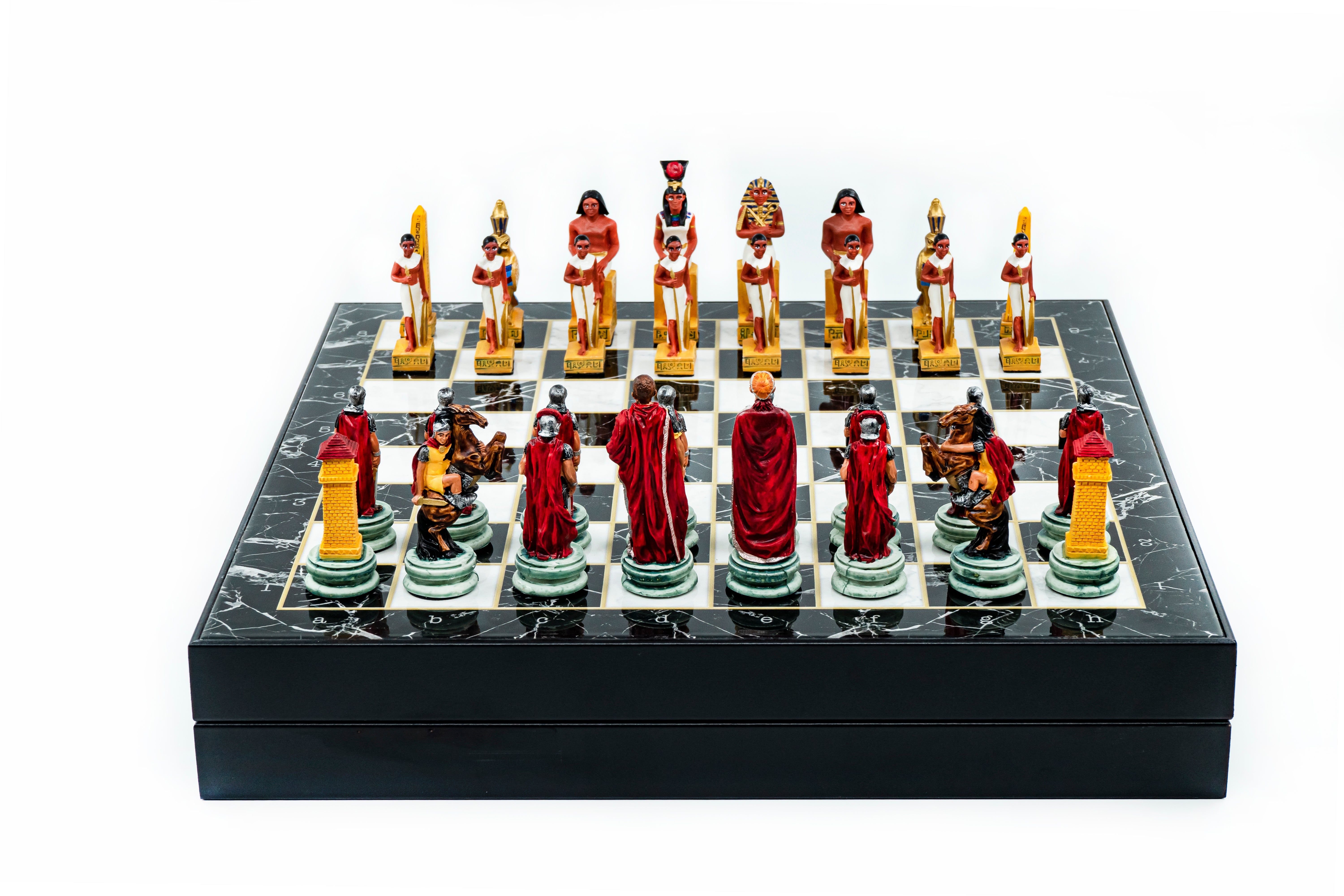 Storage Chess Set with Hand-painted Egyptian vs Roman Figures (White Colour) | 37 CM (15") Storage Chess Board | Nile War Egyptian vs Roman Themed Figures