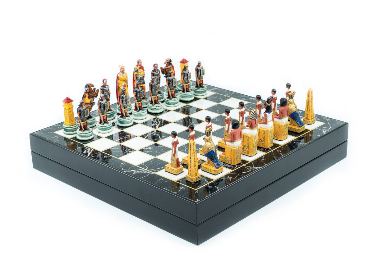 Storage Chess Set with Hand-painted Egyptian vs Roman Figures (White Colour) | 37 CM (15") Storage Chess Board | Nile War Egyptian vs Roman Themed Figures