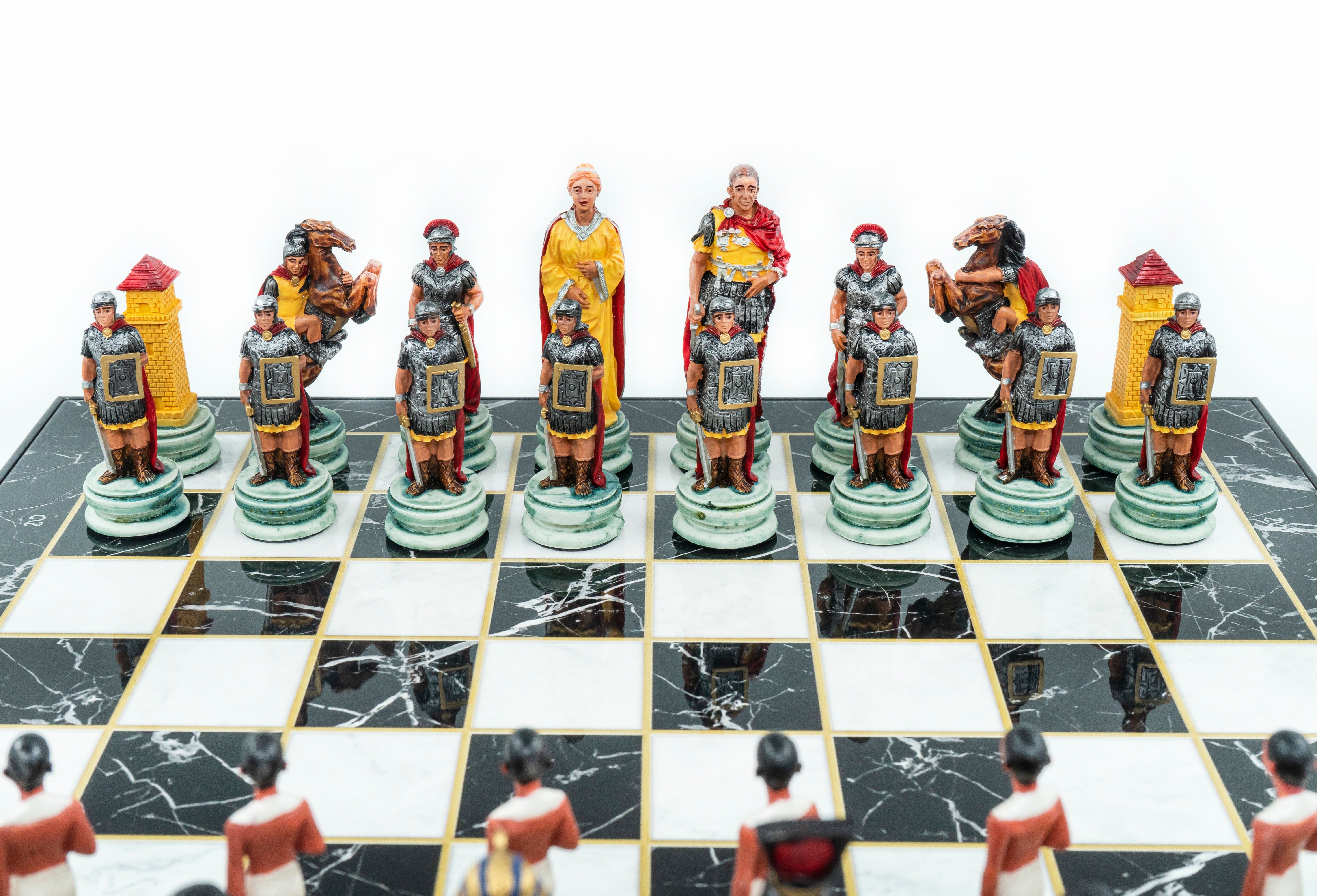 Roman vs Egyptian Chess Set | Handpainted Historical Figures | Marble/Walnut/Mosaic Pattern – 37 cm (14.5 inch)