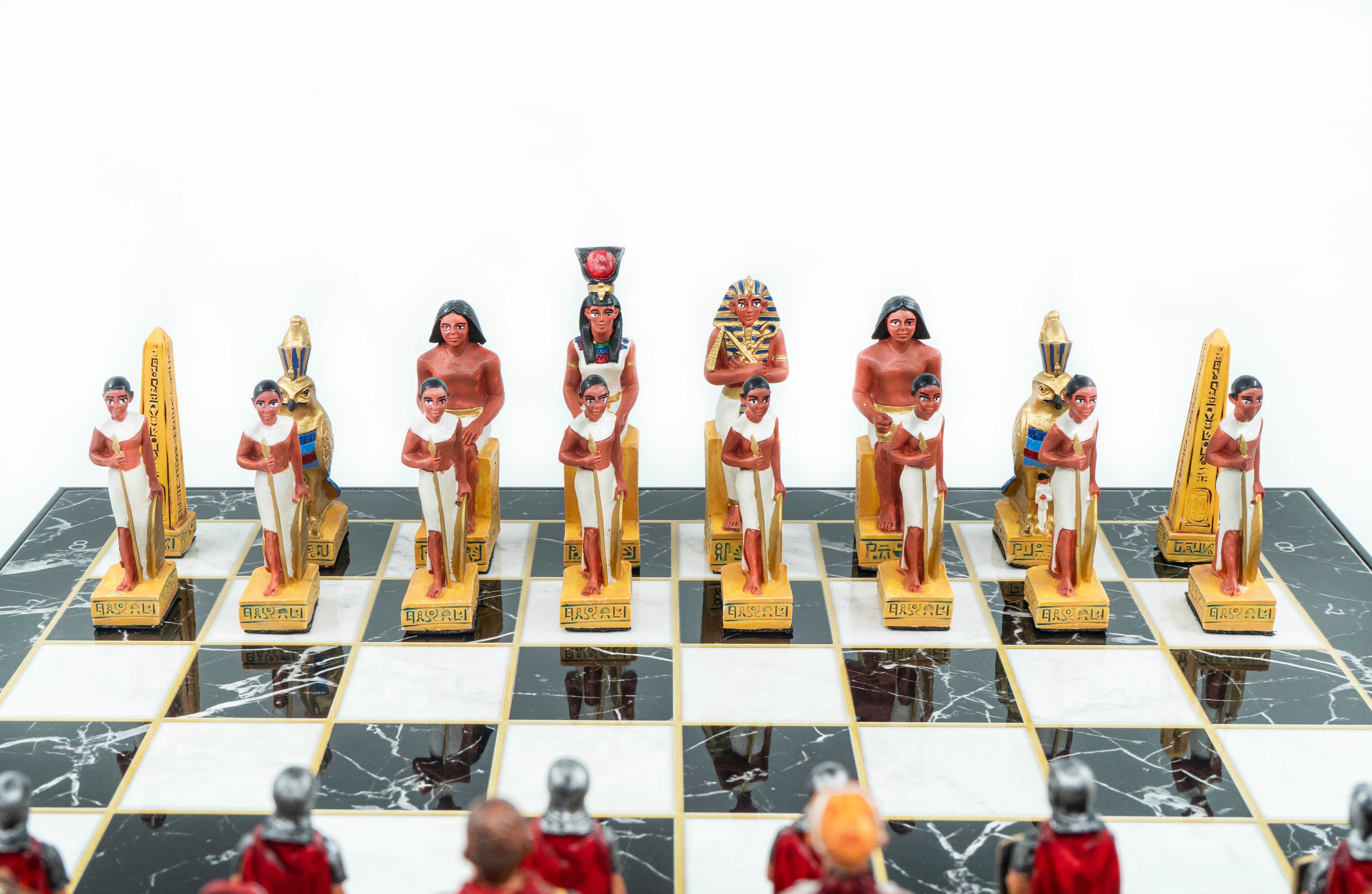 Roman vs Egyptian Chess Set | Handpainted Historical Figures | Marble/Walnut/Mosaic Pattern – 37 cm (14.5 inch)