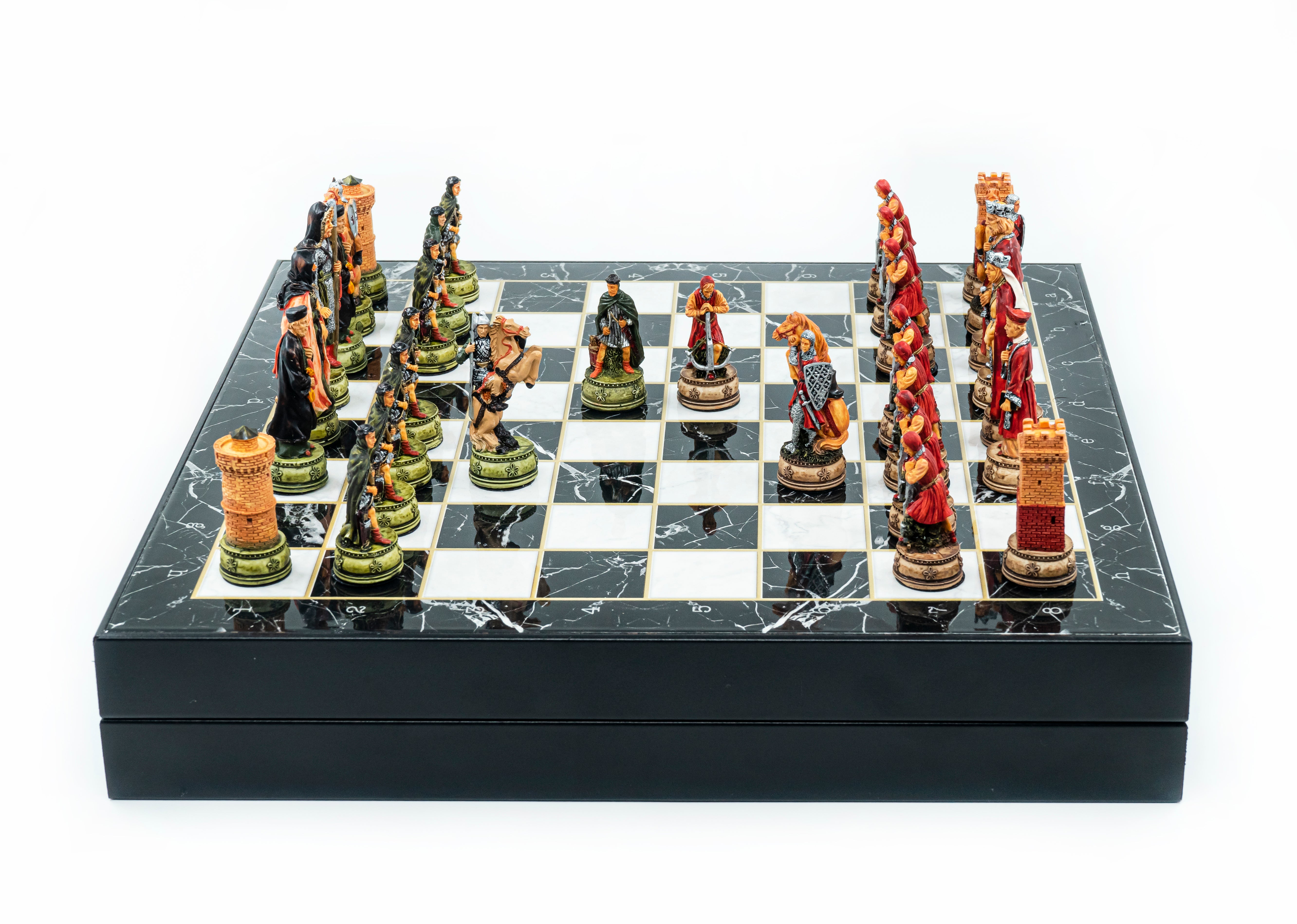 Storage Chess Set with Hand-painted Camelot King Arthur Figures | 37 CM (15") Storage Chess Board | British English Themed Figures