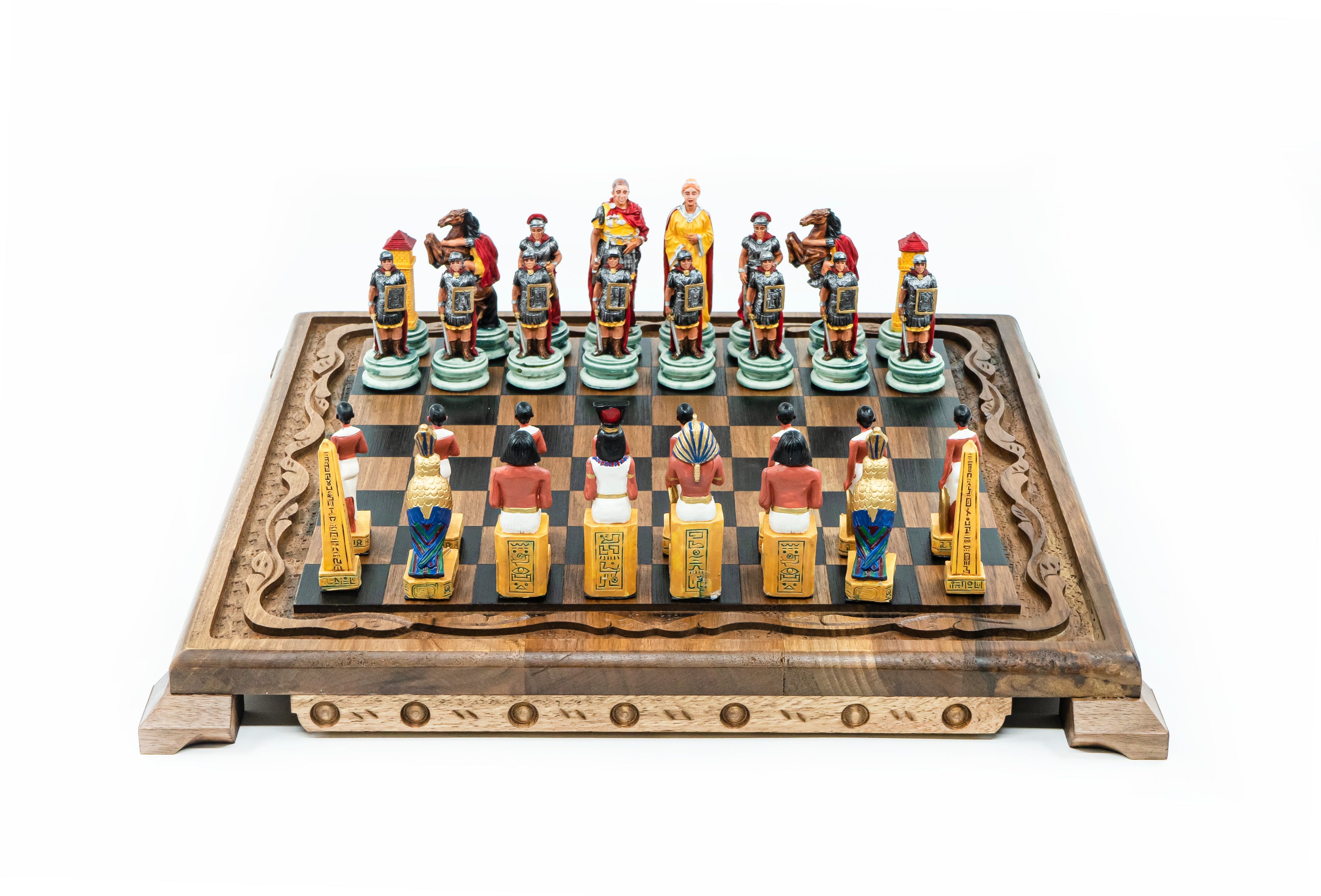 Roman vs Egyptian Solid Wood Chess Set | Handpainted | Hand-Carved Board– 36 cm (14 inch)