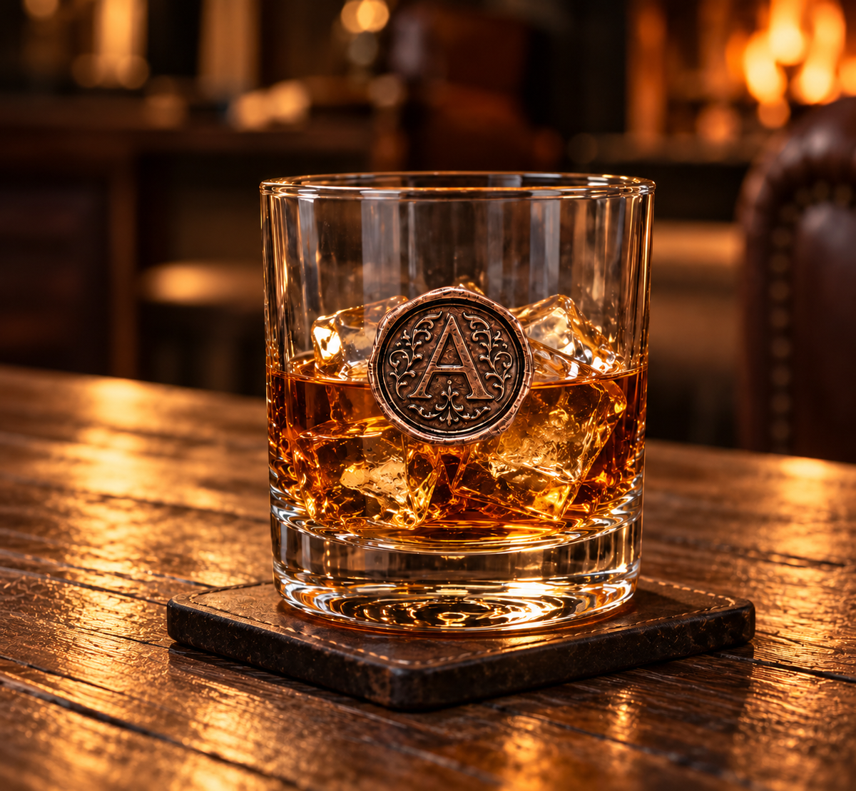 Personalised Monogram Whisky Glass with Antique Bronze Finish Metal Initial