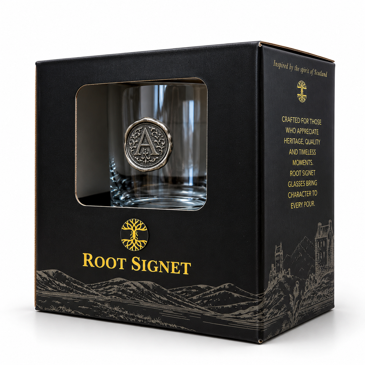 Personalised Monogram Whisky Glass with Antique Silver Finish Metal Initial