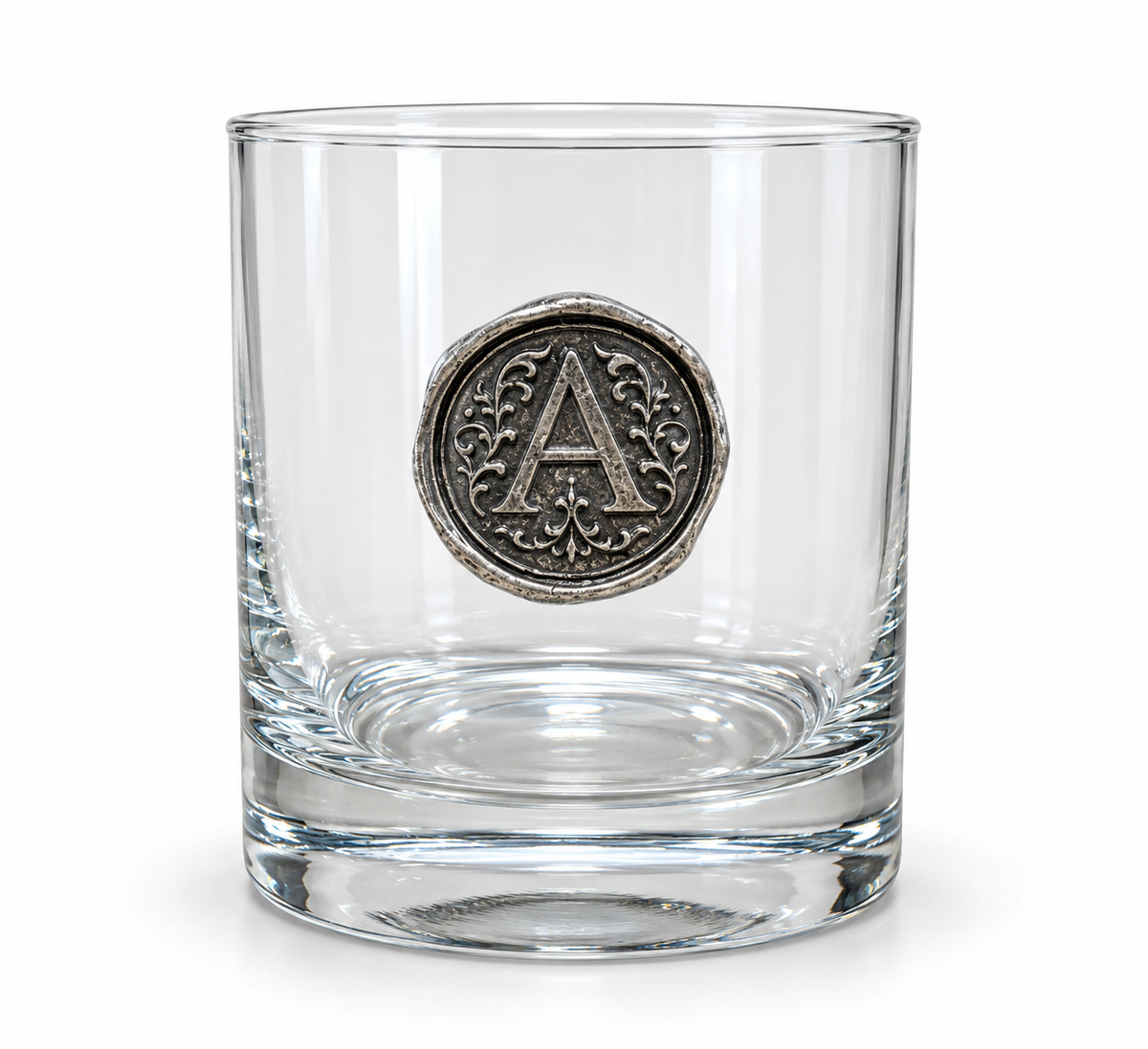 Personalised Monogram Whisky Glass with Antique Silver Finish Metal Initial