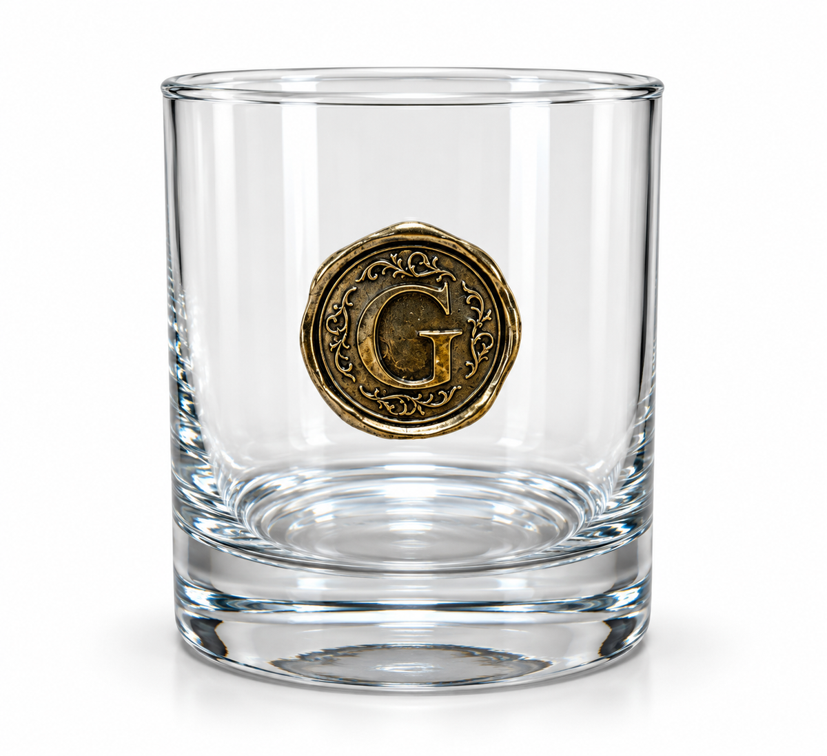 Personalised Monogram Whisky Glass with Antique Gold Finish Metal Initial