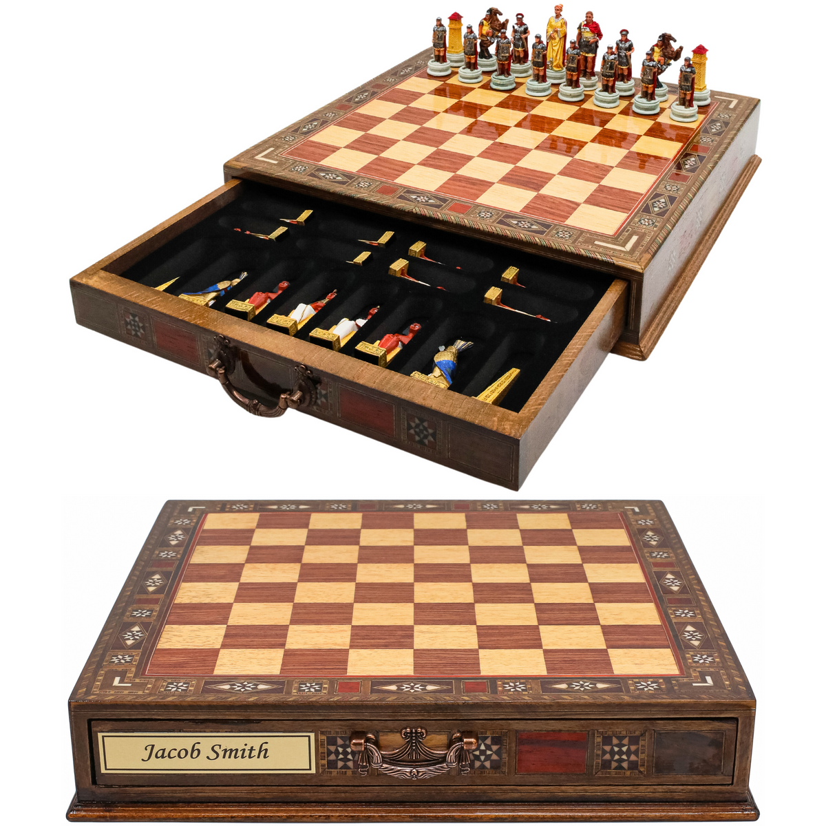 Handmade Inlay Chess Set with Drawer Storage 38 CM (15") - Roman vs Egyptian Pieces