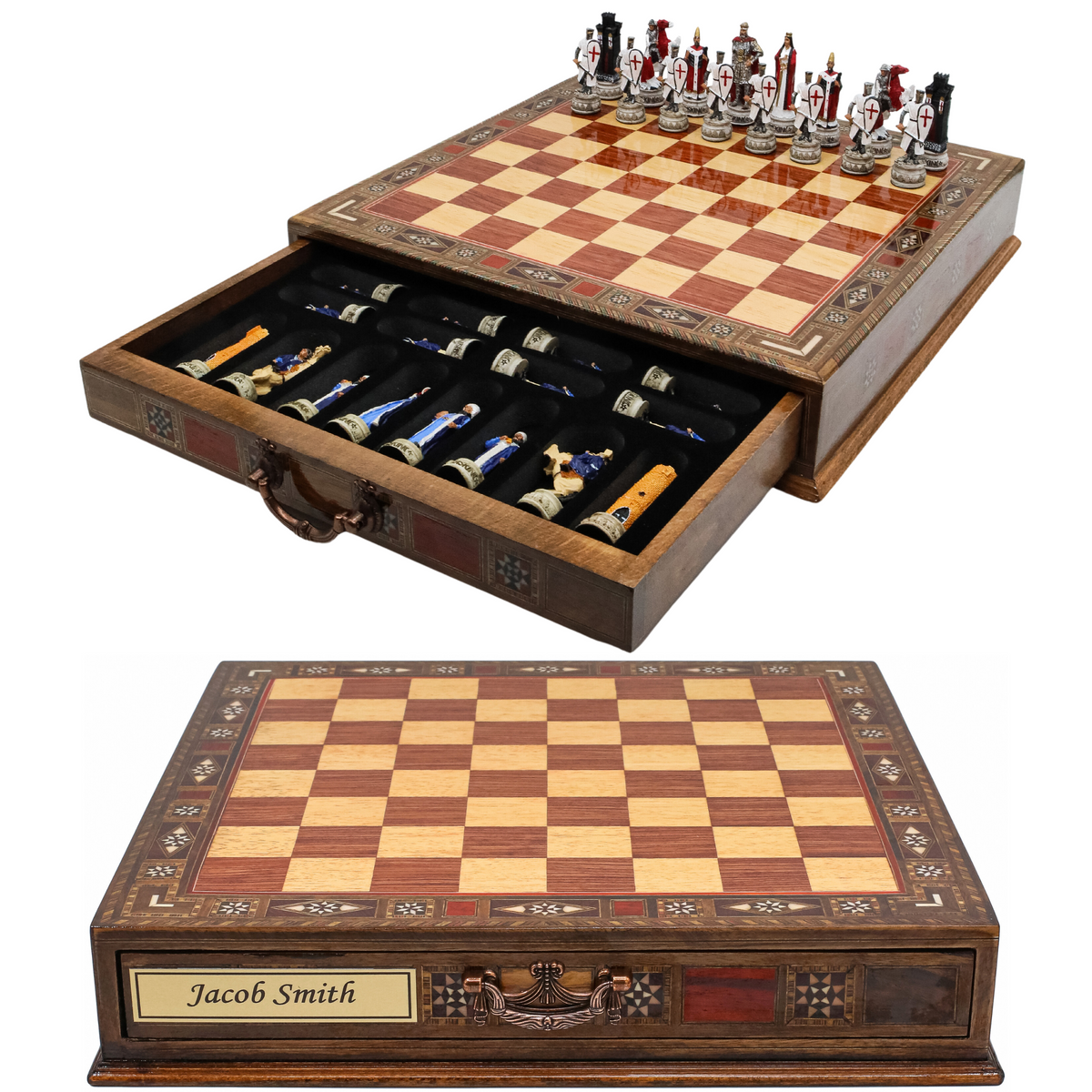 Handmade Inlay Chess Set with Drawer Storage 38 CM (15") - Ottoman vs White Crusaders Pieces