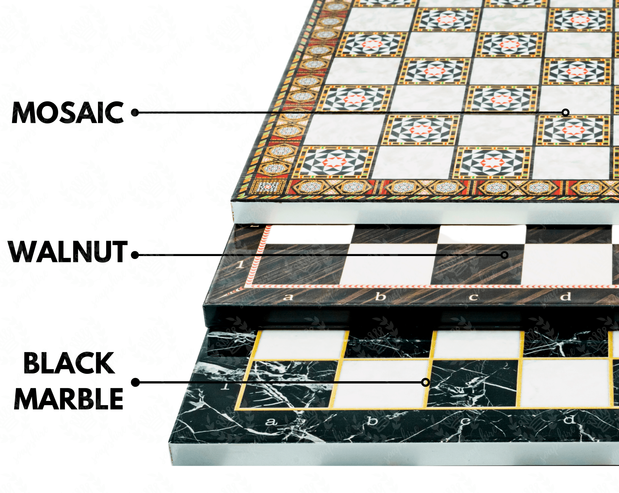 Metal British Chess Set | Wooden Board Marble/Walnut/Mosaic Pattern – 30 cm (12 inch) - Cooper Chess