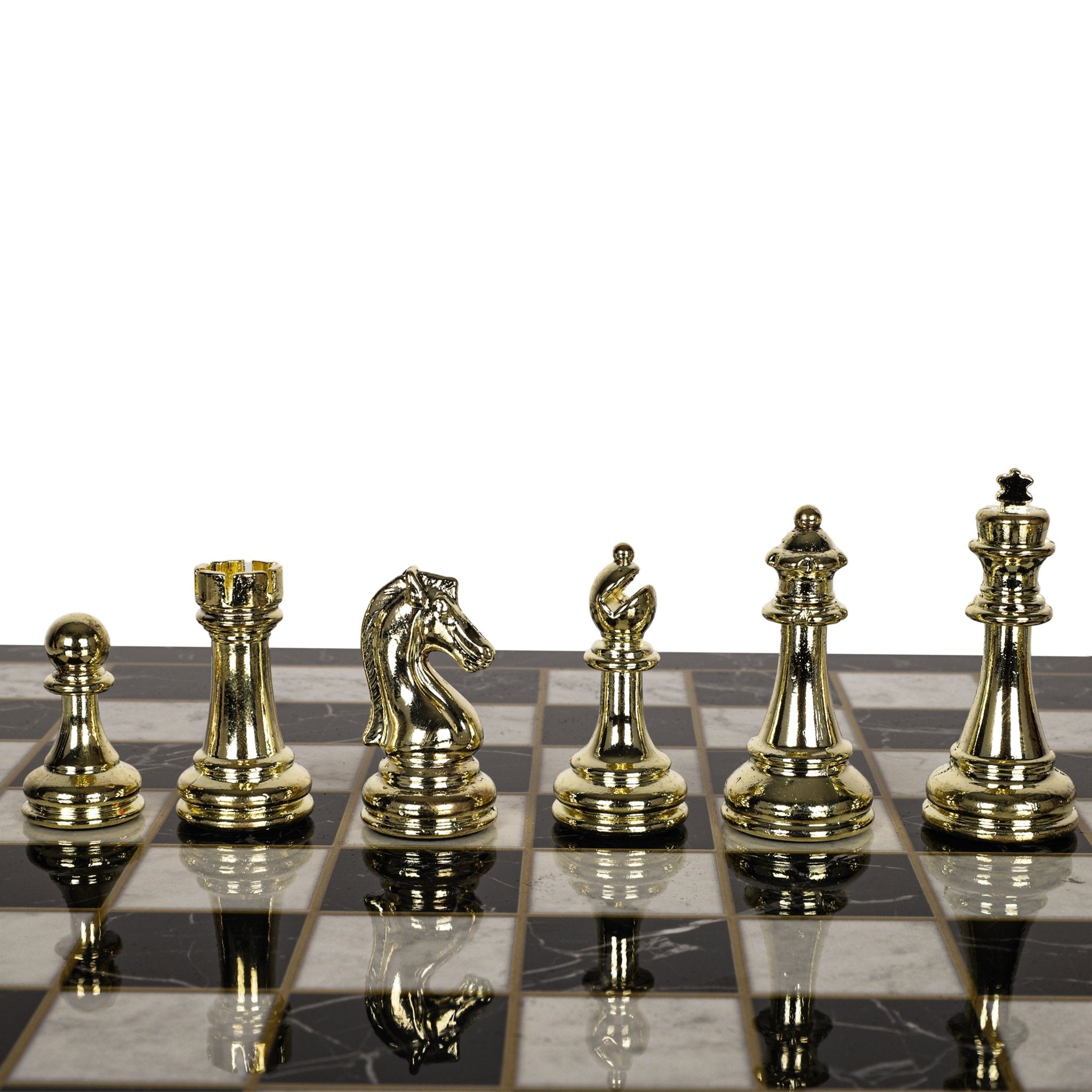 Metal Classic Chess Set |Wooden Board Marble/Walnut/Mosaic Pattern – 30 cm (12 inch) - Cooper Chess