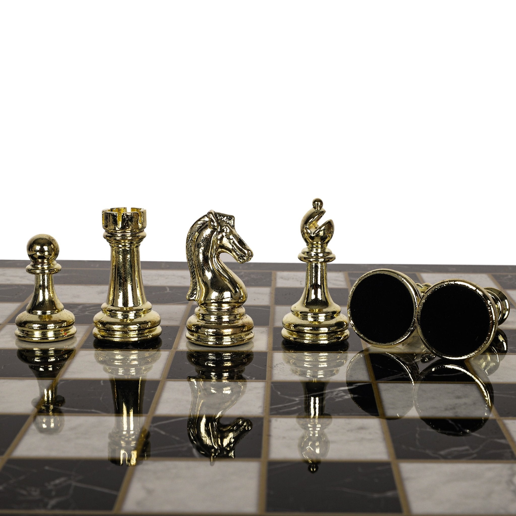 Metal Classic Chess Set |Wooden Board Marble/Walnut/Mosaic Pattern – 37 cm (14.5 inch) - Cooper Chess