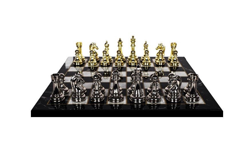 Metal Classic Chess Set |Wooden Board Marble/Walnut/Mosaic Pattern – 37 cm (14.5 inch) - Cooper Chess