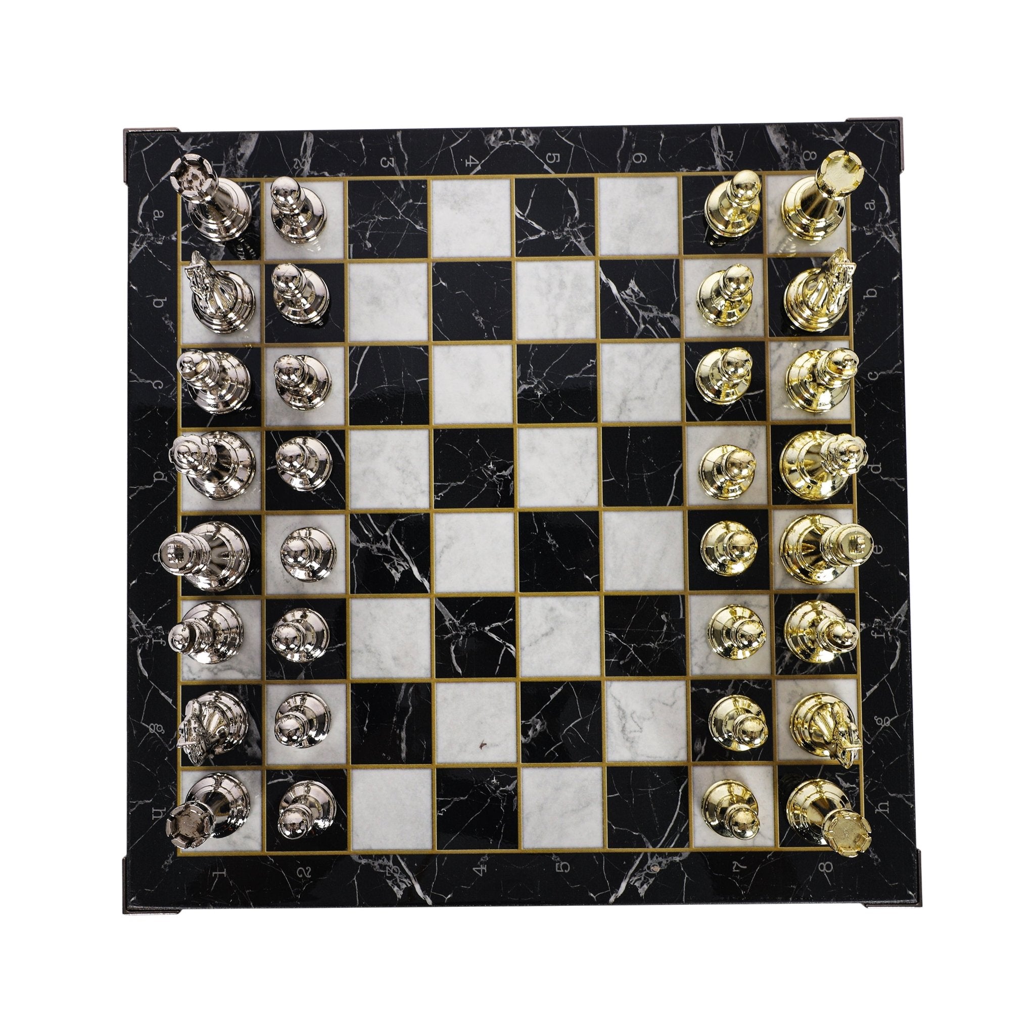 Metal Classic Chess Set |Wooden Board Marble/Walnut/Mosaic Pattern – 37 cm (14.5 inch) - Cooper Chess