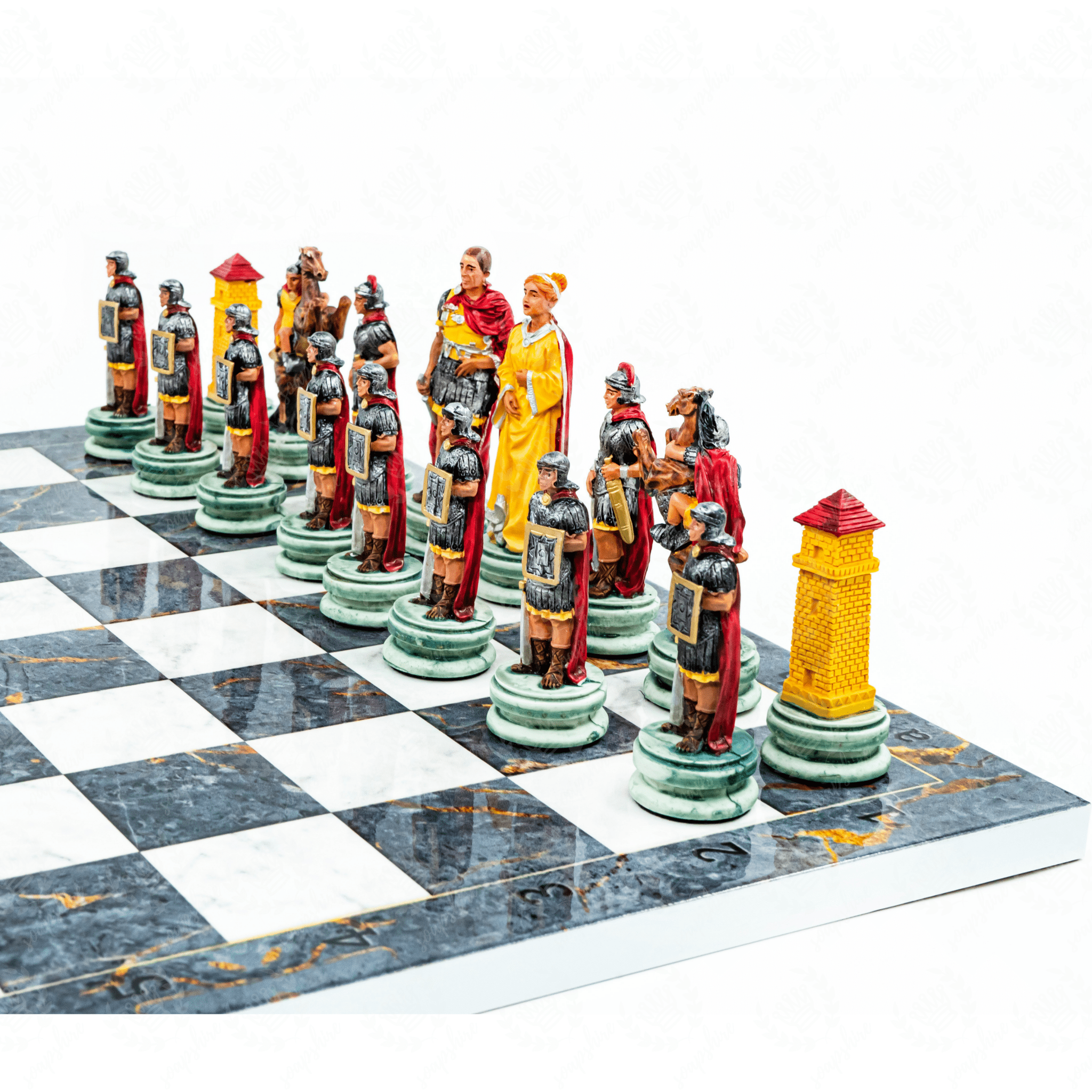 Roman vs Egyptian Chess Set | Handpainted Historical Figures | Marble/Walnut/Mosaic Pattern 37 cm (14.5 inch) - Cooper Chess