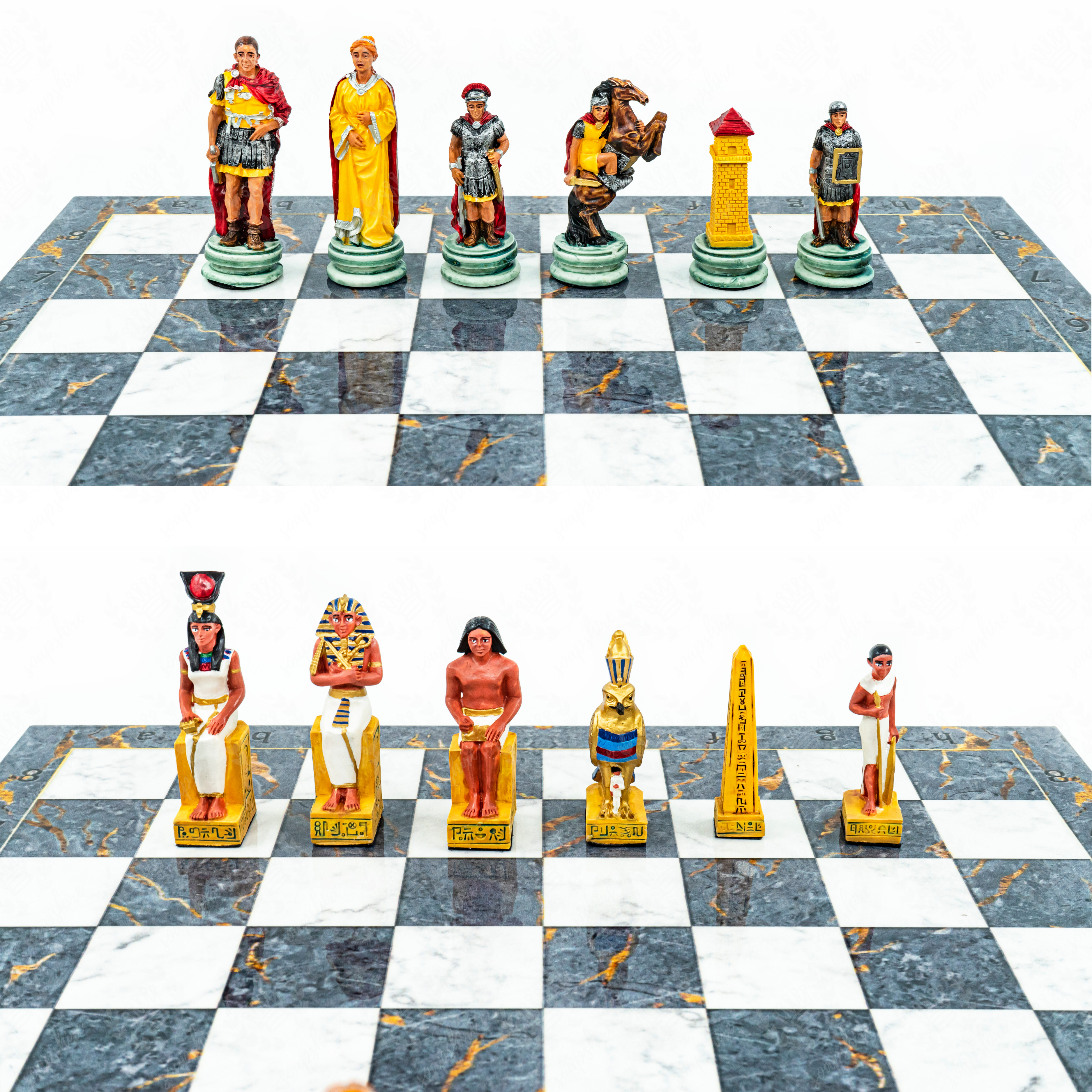 Roman vs Egyptian Chess Set | Handpainted Historical Figures | Marble/Walnut/Mosaic Pattern 37 cm (14.5 inch) - Cooper Chess