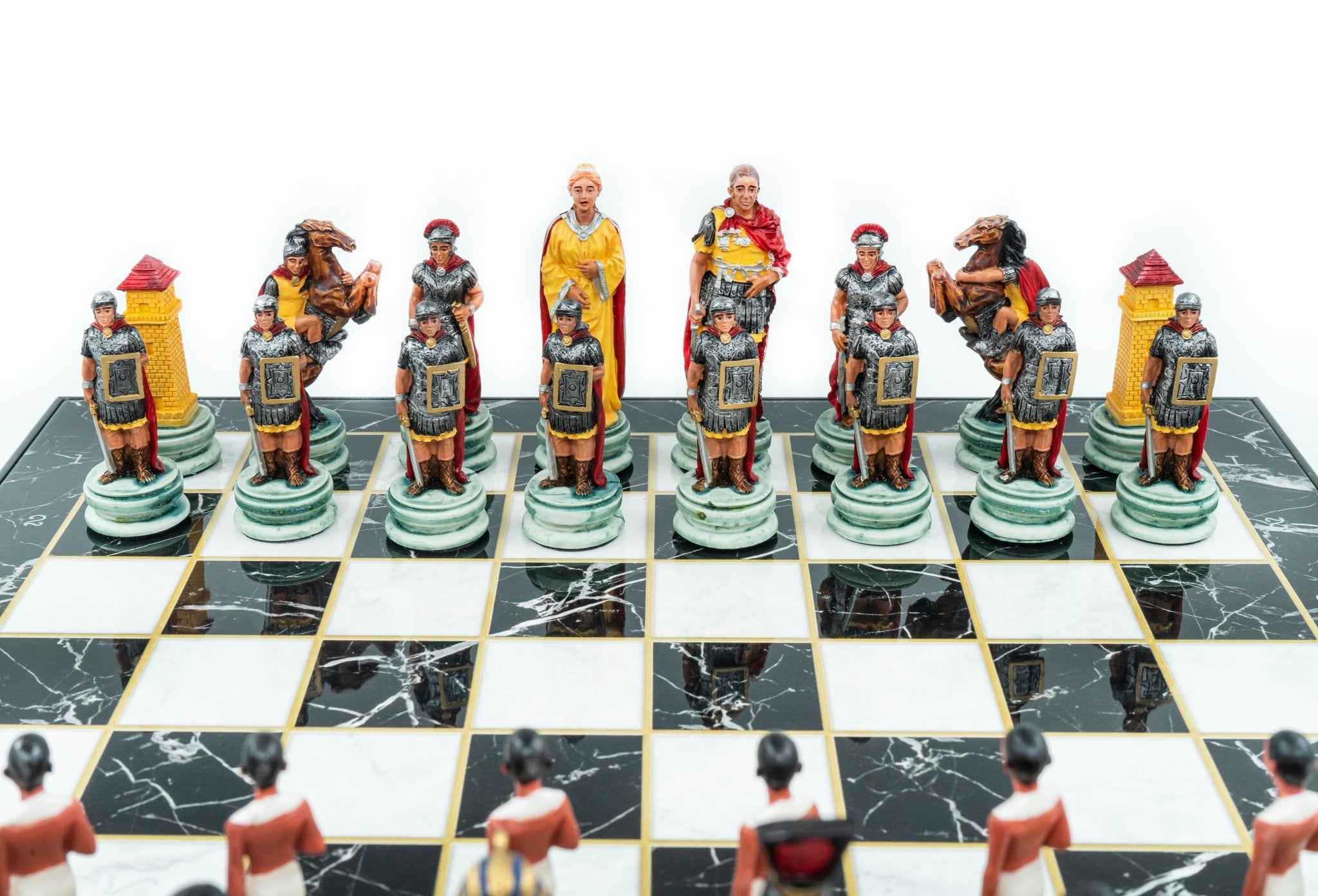 Roman vs Egyptian Chess Set | Handpainted Historical Figures | Marble/Walnut/Mosaic Pattern 37 cm (14.5 inch) - Cooper Chess