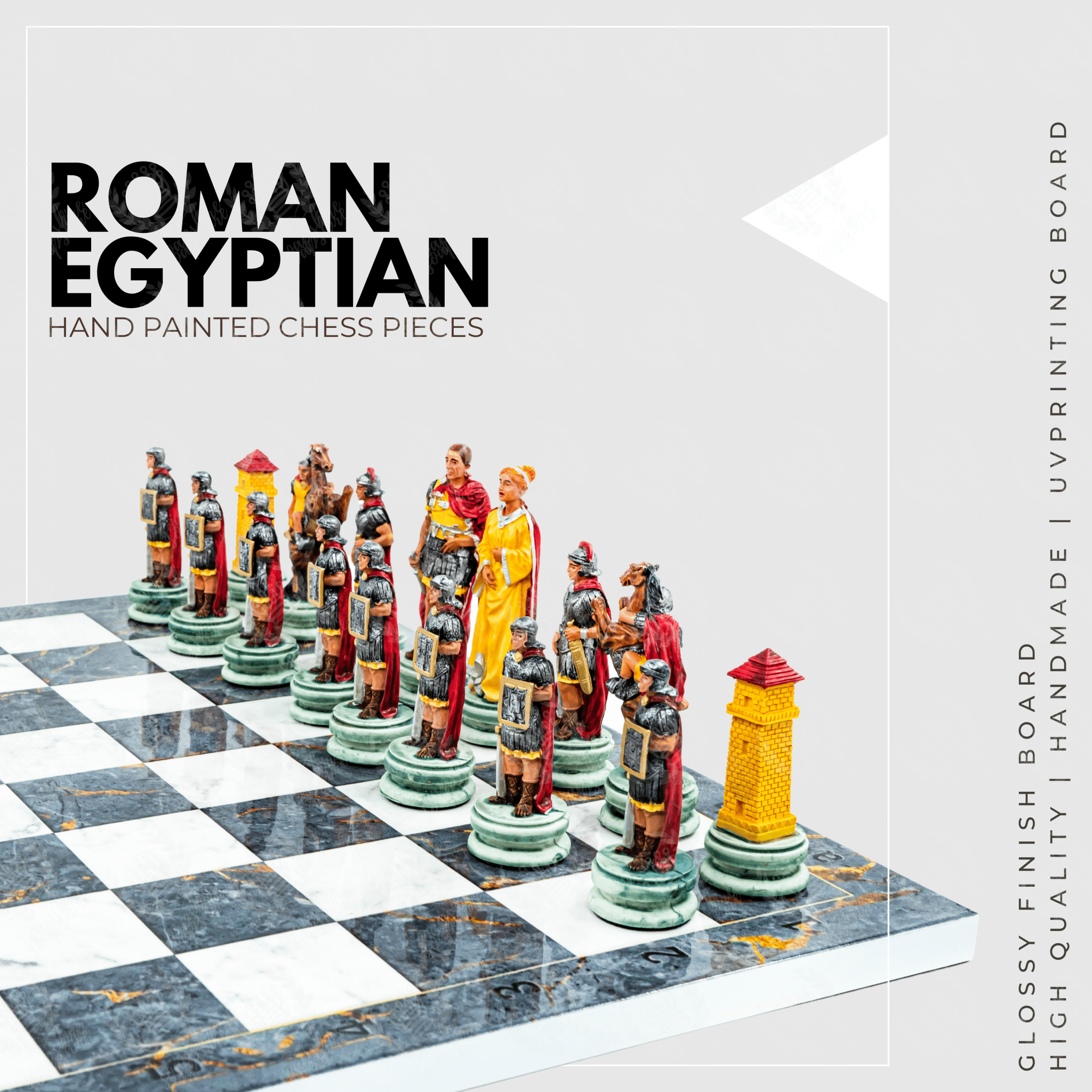 Roman vs Egyptian Chess Set | Handpainted Historical Figures | Marble/Walnut/Mosaic Pattern 37 cm (14.5 inch) - Cooper Chess