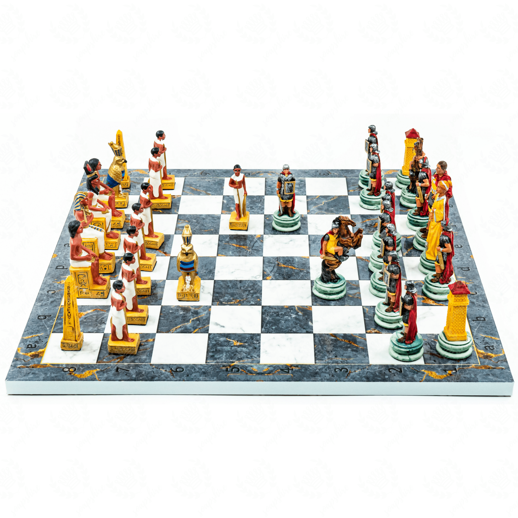 Roman vs Egyptian Chess Set | Handpainted Historical Figures | Marble/Walnut/Mosaic Pattern 37 cm (14.5 inch) - Cooper Chess