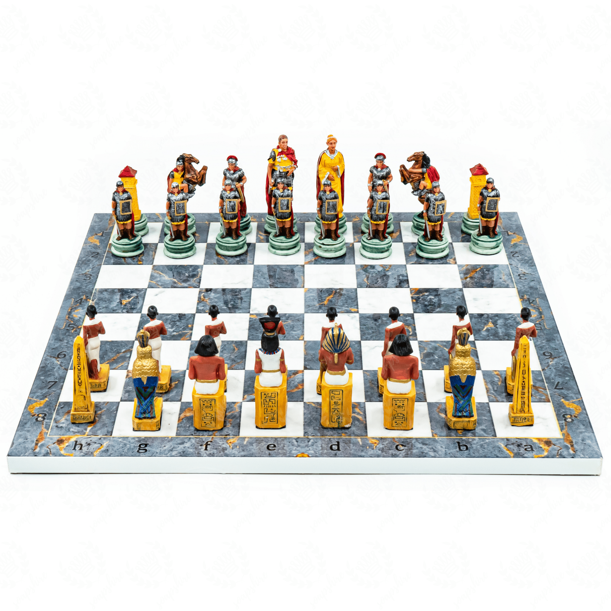 Roman vs Egyptian Chess Set | Handpainted Historical Figures | Marble/Walnut/Mosaic Pattern 37 cm (14.5 inch) - Cooper Chess