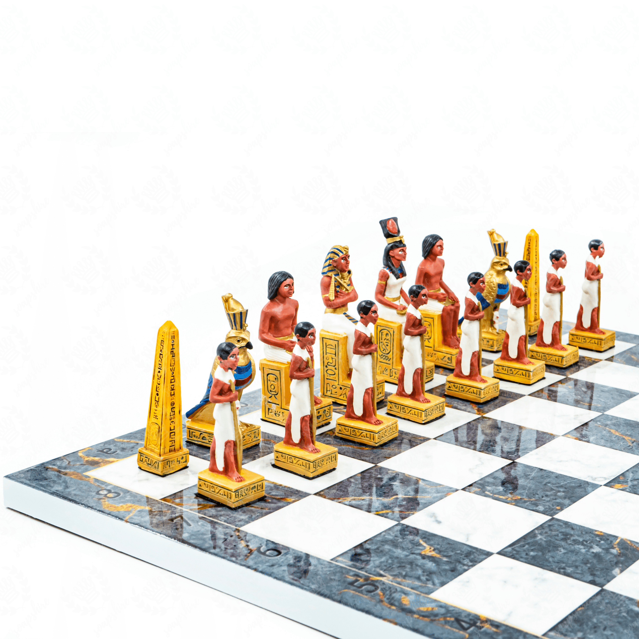 Roman vs Egyptian Chess Set | Handpainted Historical Figures | Marble/Walnut/Mosaic Pattern 37 cm (14.5 inch) - Cooper Chess