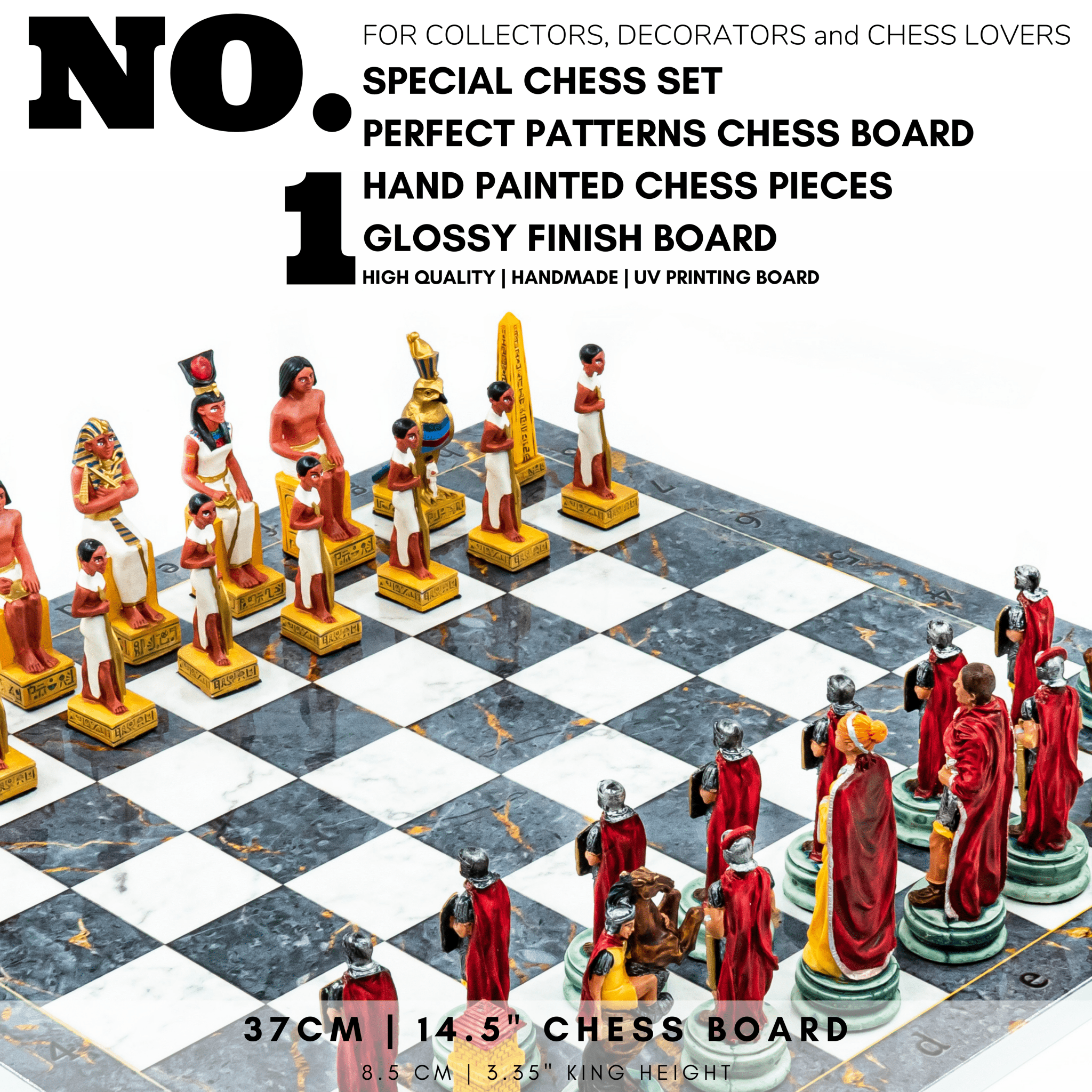 Roman vs Egyptian Chess Set | Handpainted Historical Figures | Marble/Walnut/Mosaic Pattern 37 cm (14.5 inch) - Cooper Chess