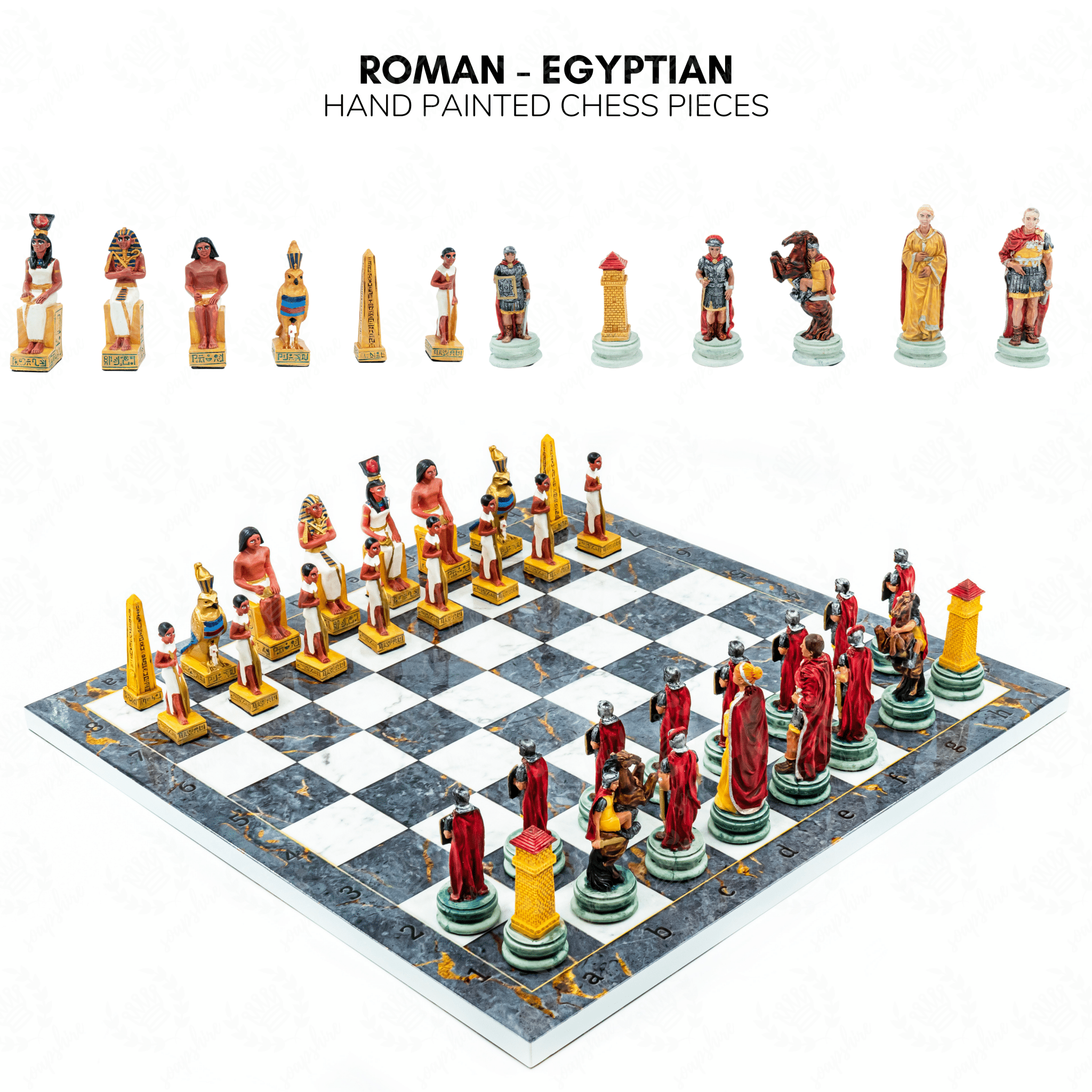 Roman vs Egyptian Chess Set | Handpainted Historical Figures | Marble/Walnut/Mosaic Pattern 37 cm (14.5 inch) - Cooper Chess