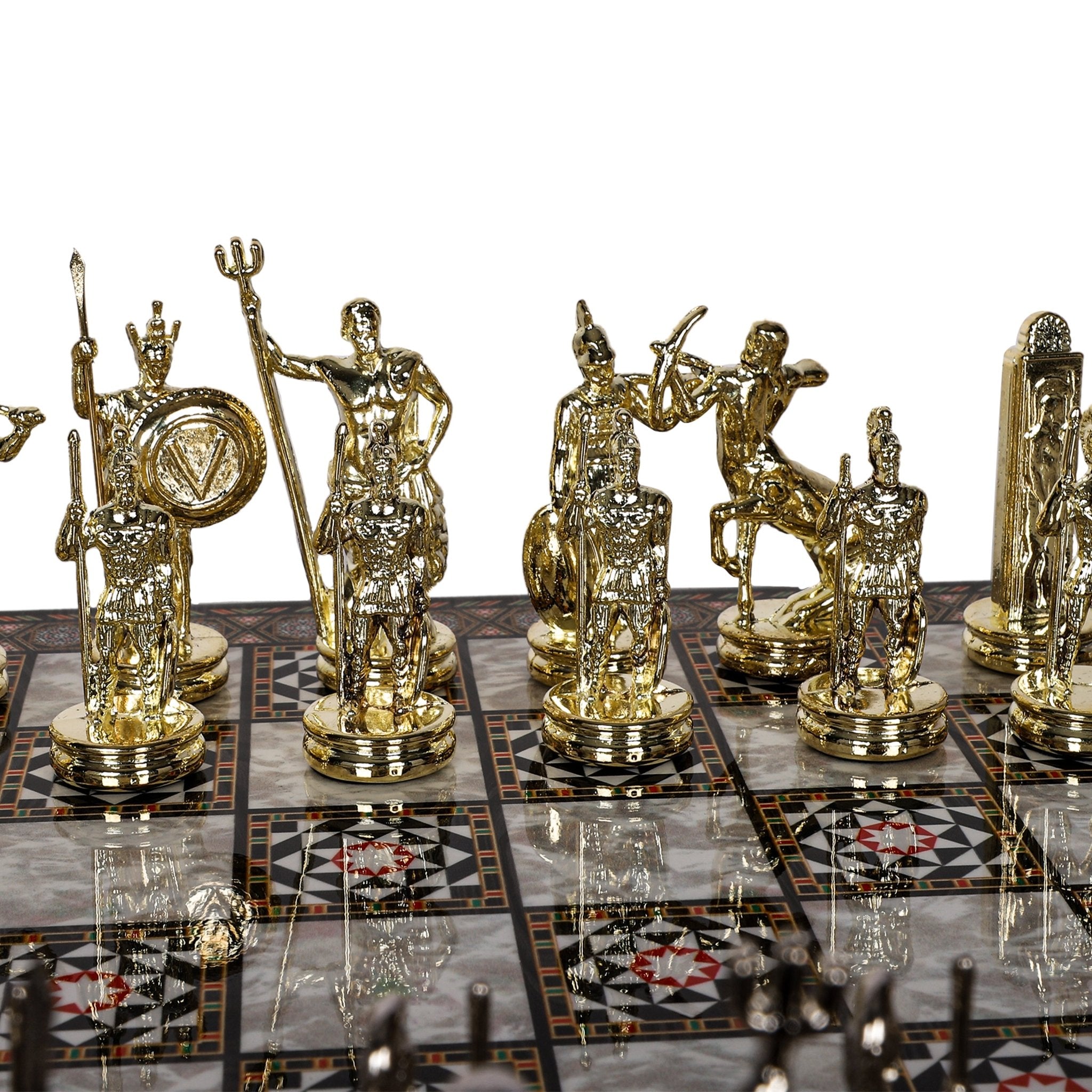 Metal Roman Lance Chess Set | Wooden Board Marble/Walnut/Mosaic Pattern – 37 cm (14.5 inch) - Cooper Chess