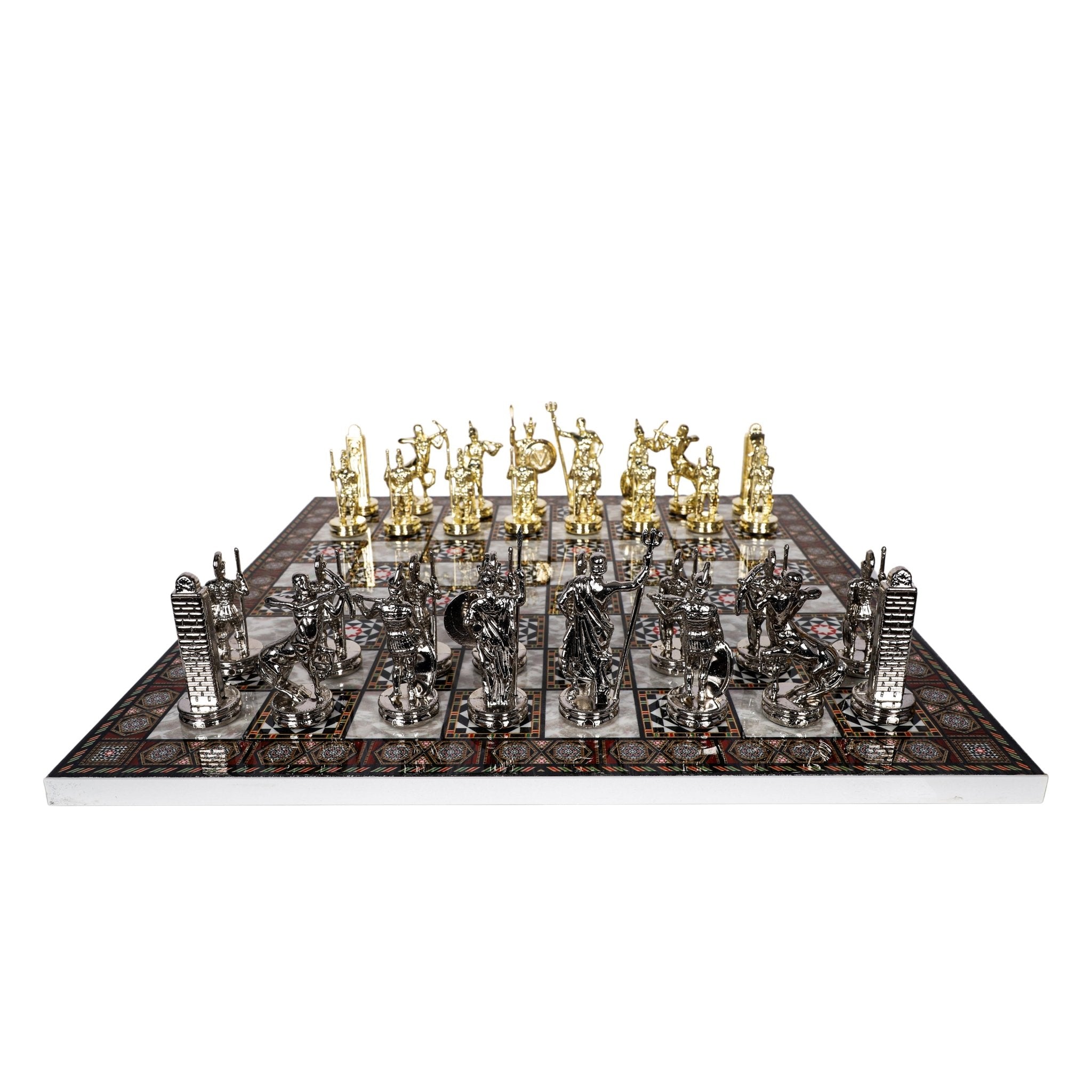 Metal Roman Lance Chess Set | Wooden Board Marble/Walnut/Mosaic Pattern – 37 cm (14.5 inch) - Cooper Chess