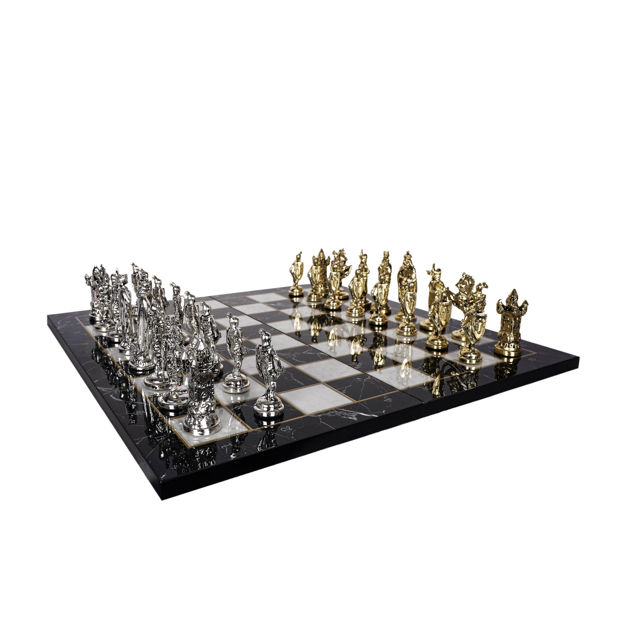 Metal British Chess Set | Wooden Board Marble/Mosaic Pattern – 44 cm (17 inch) - Cooper Chess