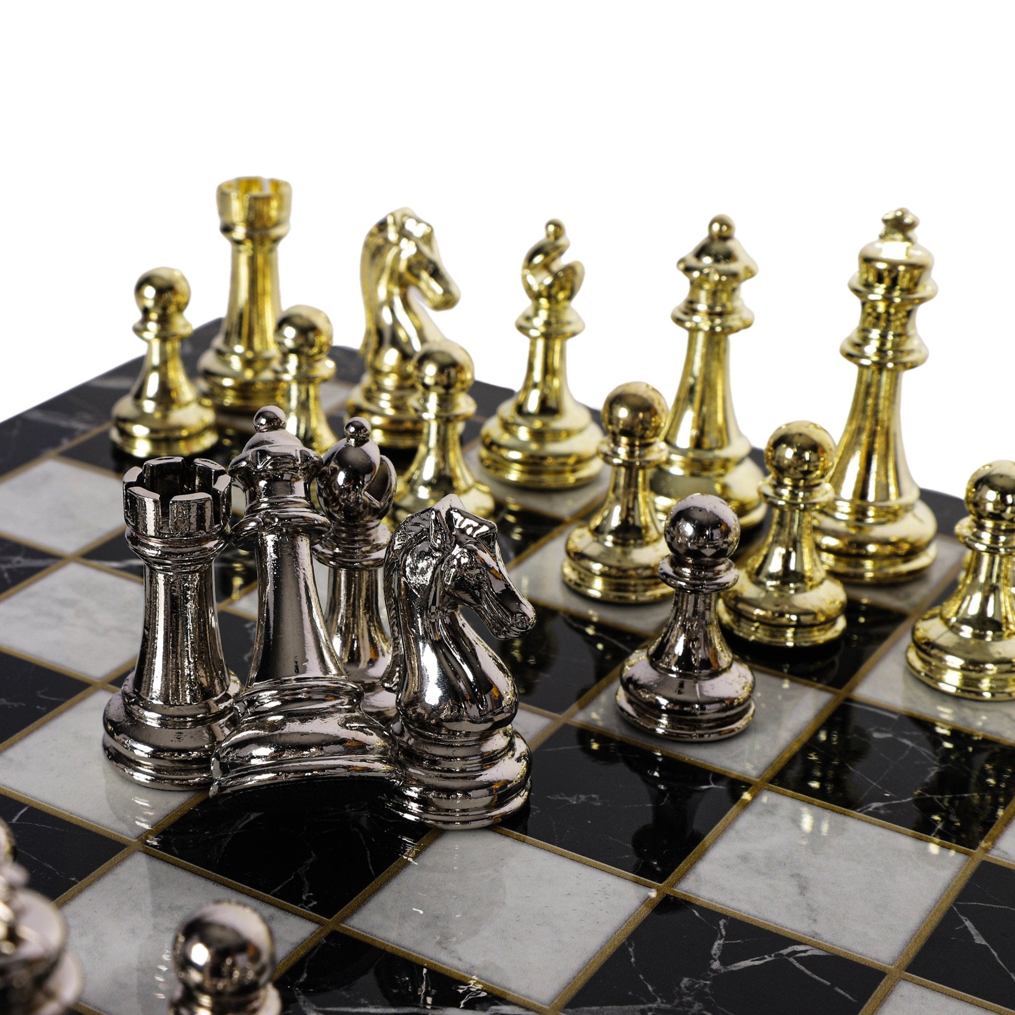 Metal Classic Chess Set |Wooden Board Marble/Mosaic Pattern – 44 cm (17 inch) - Cooper Chess