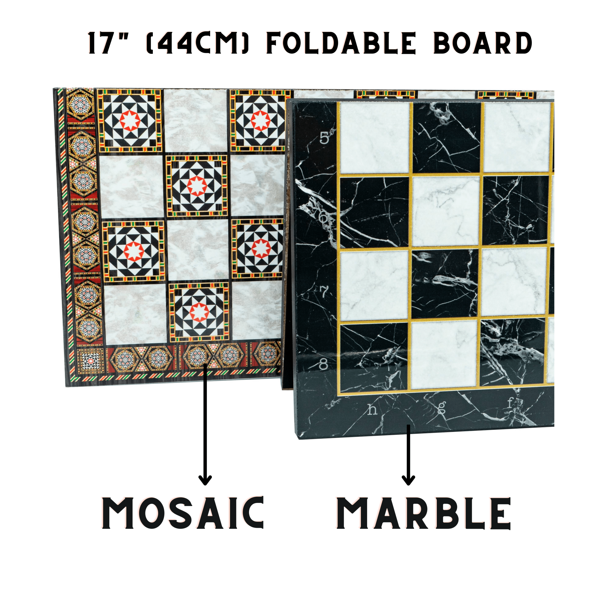 Metal Classic Chess Set |Wooden Board Marble/Mosaic Pattern – 44 cm (17 inch) - Cooper Chess