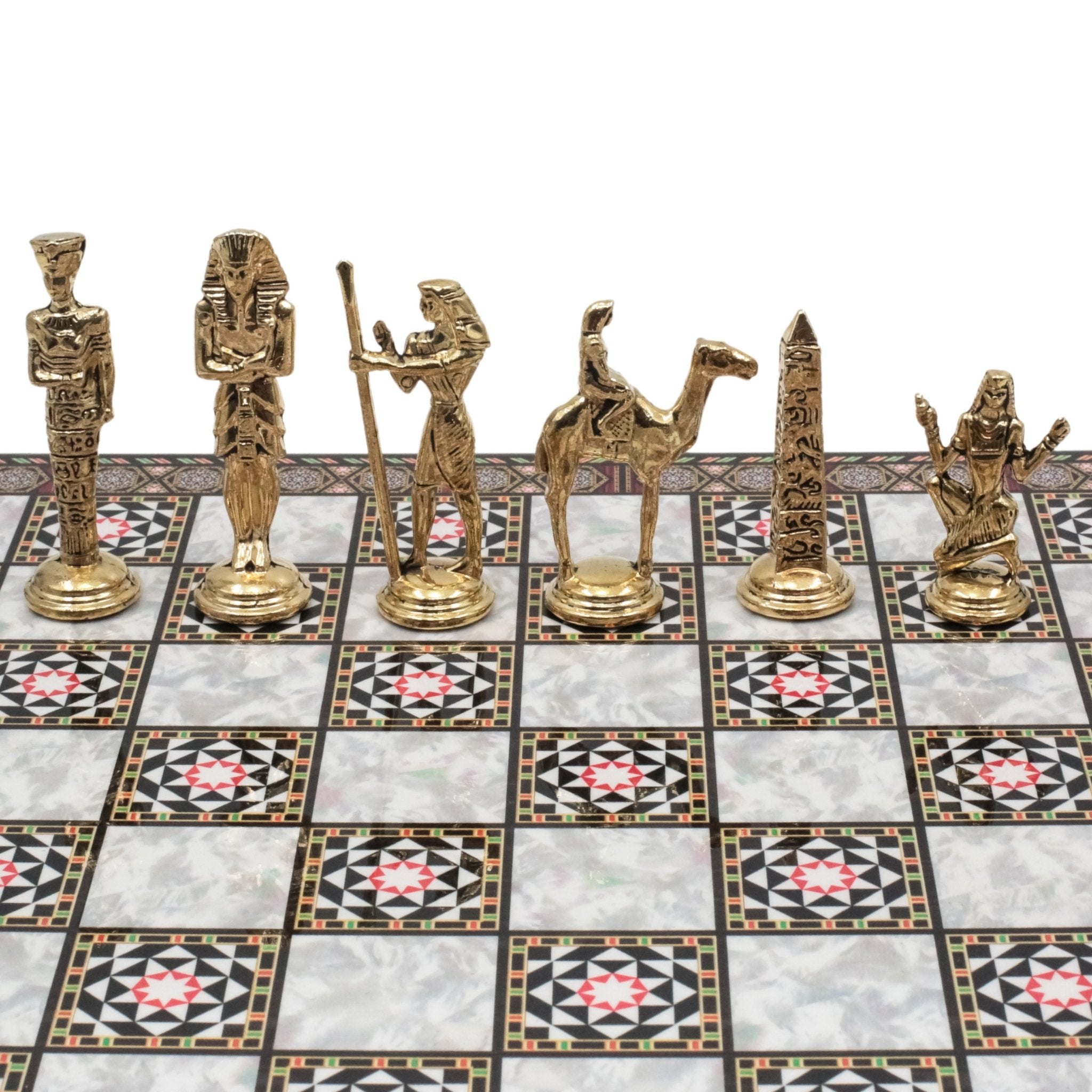 Metal Egyptian Chess Set | Wooden Board Marble/Mosaic Pattern – 44 cm (17 inch) - Cooper Chess