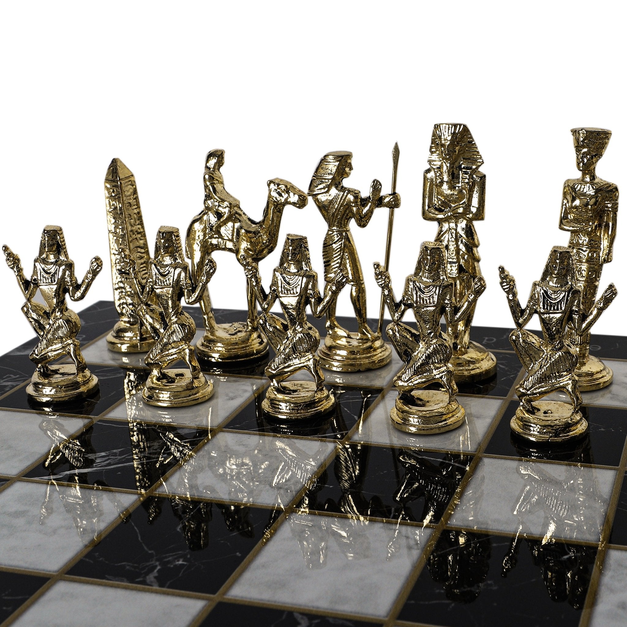 Metal Egyptian Chess Set | Wooden Board Marble/Mosaic Pattern – 44 cm (17 inch) - Cooper Chess