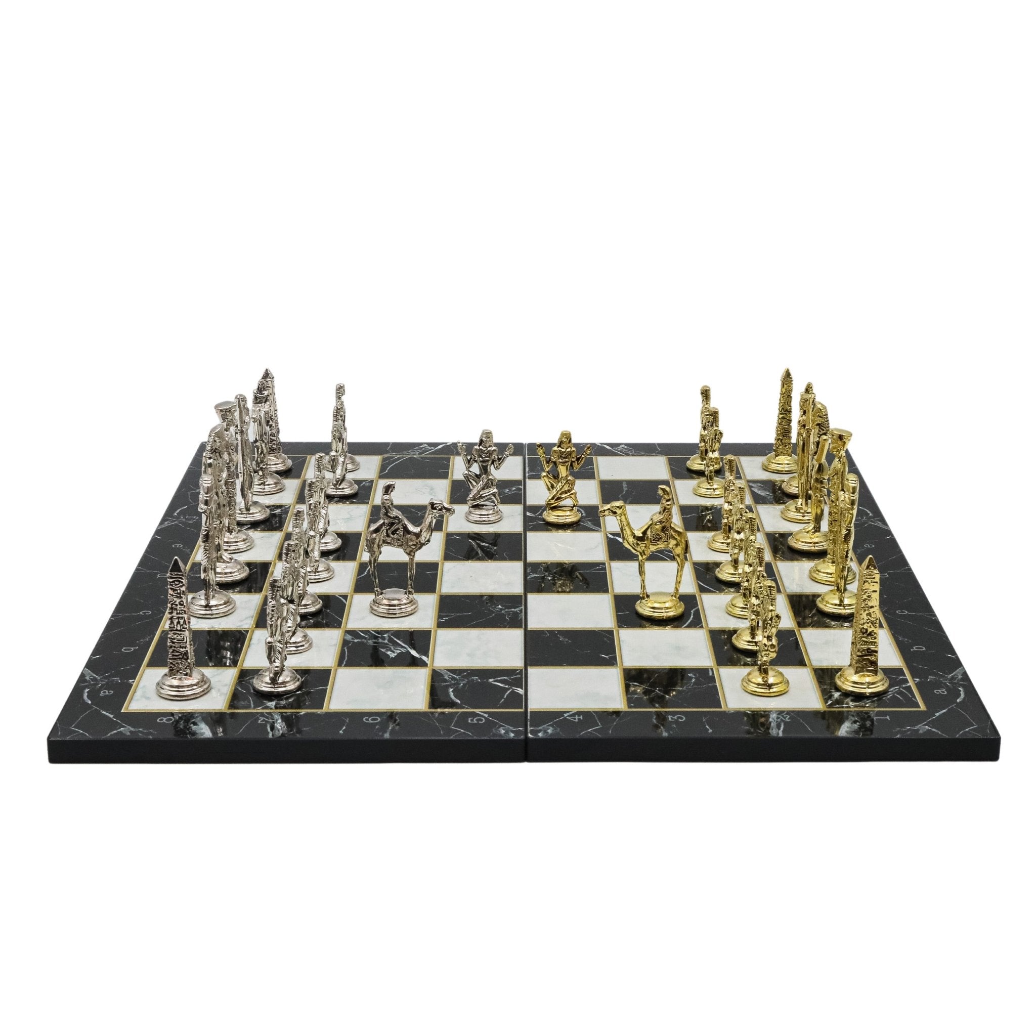 Metal Egyptian Chess Set | Wooden Board Marble/Mosaic Pattern – 44 cm (17 inch) - Cooper Chess