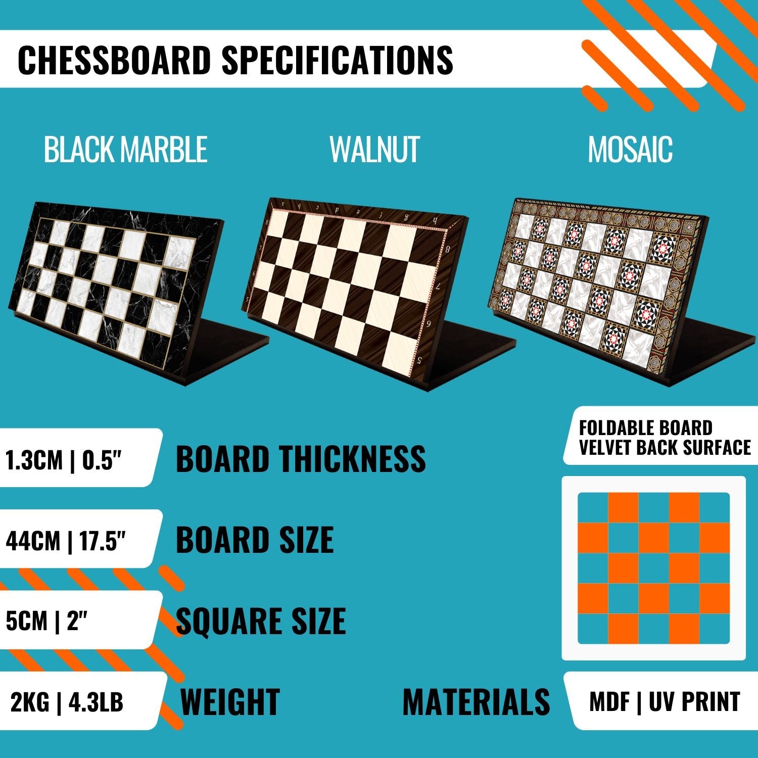 Metal Egyptian Chess Set | Wooden Board Marble/Mosaic Pattern – 44 cm (17 inch) - Cooper Chess