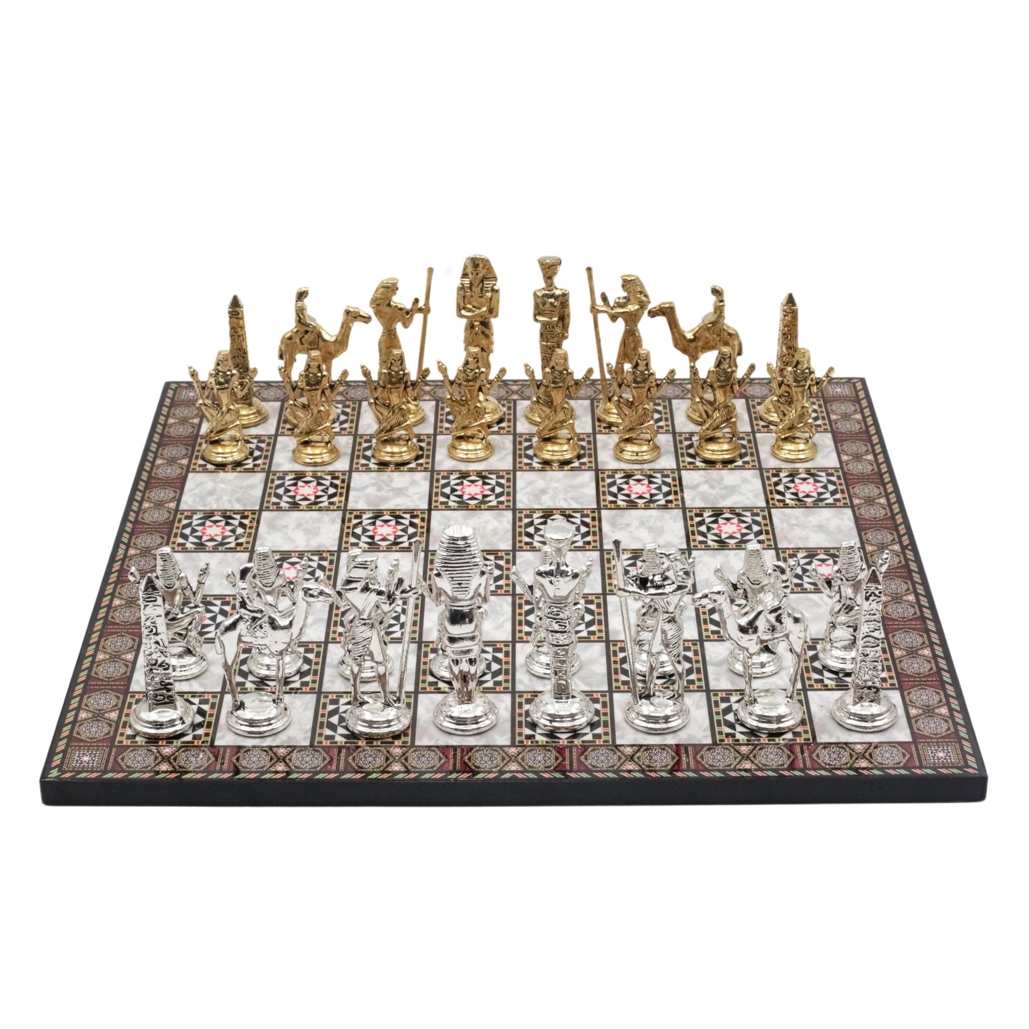 Metal Egyptian Chess Set | Wooden Board Marble/Mosaic Pattern – 44 cm (17 inch) - Cooper Chess