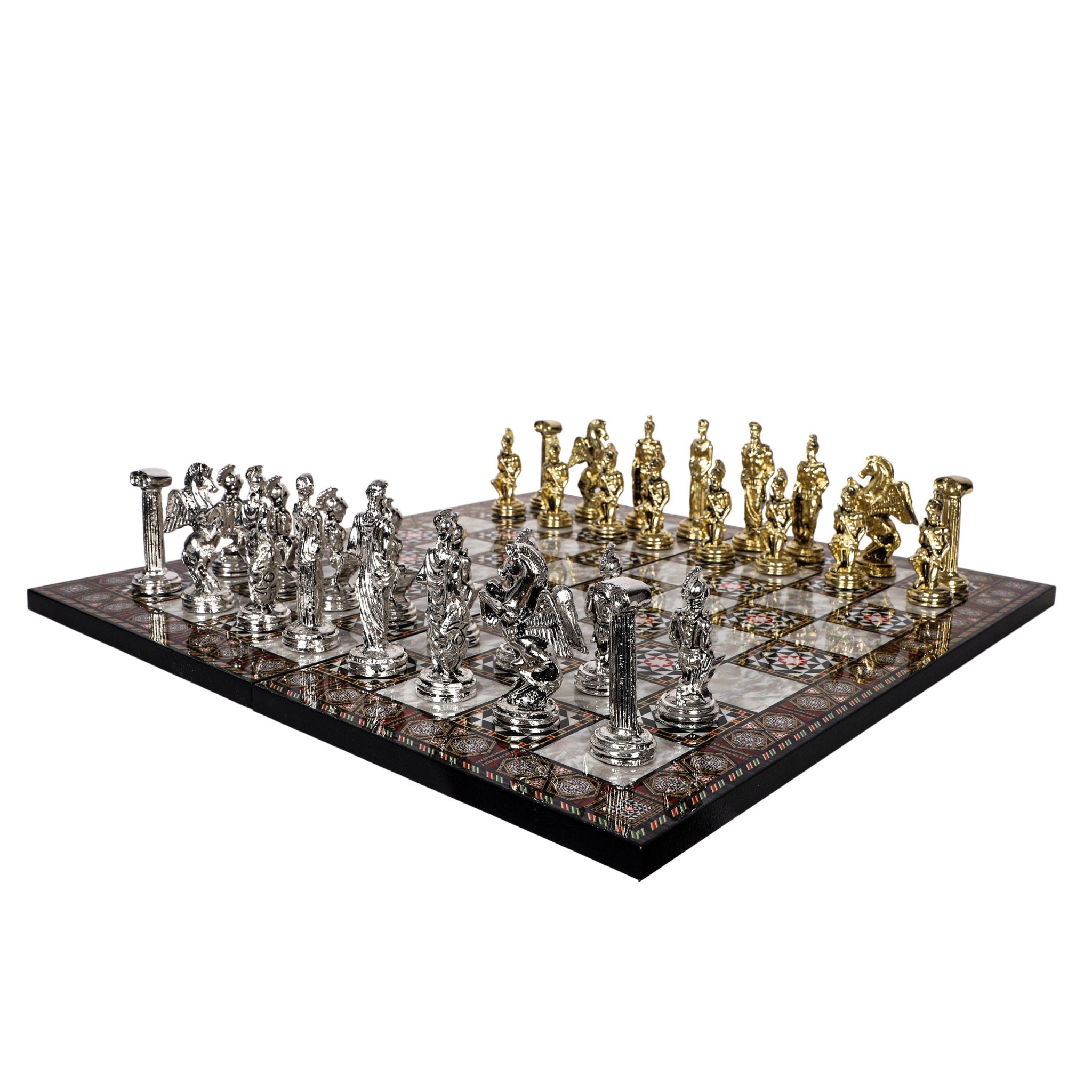 Metal Greek Mythology Pegasus Chess Set | Wooden Board Marble/Mosaic Pattern – 44 cm (17 inch) - Cooper Chess