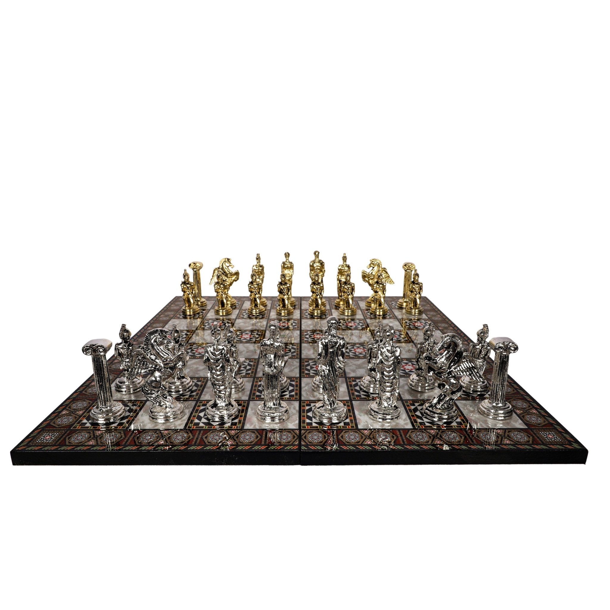 Metal Greek Mythology Pegasus Chess Set | Wooden Board Marble/Mosaic Pattern – 44 cm (17 inch) - Cooper Chess