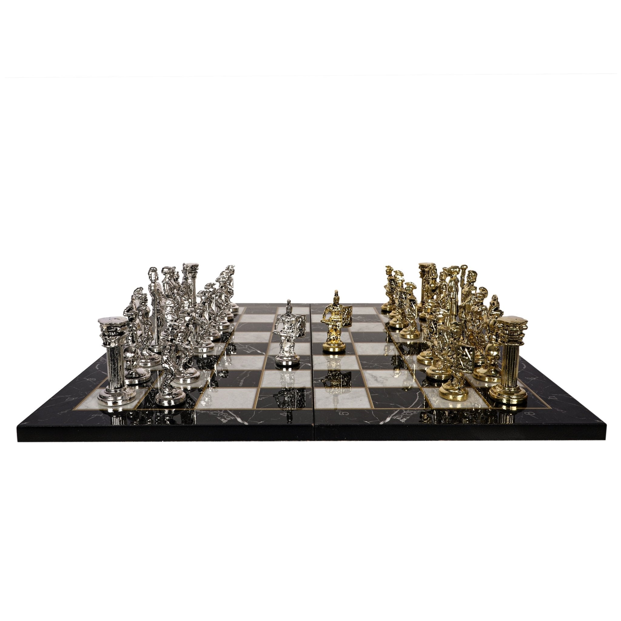 Metal Roman Chess Set | Wooden Board Marble/Mosaic Pattern – 44 cm (17 inch) - Cooper Chess