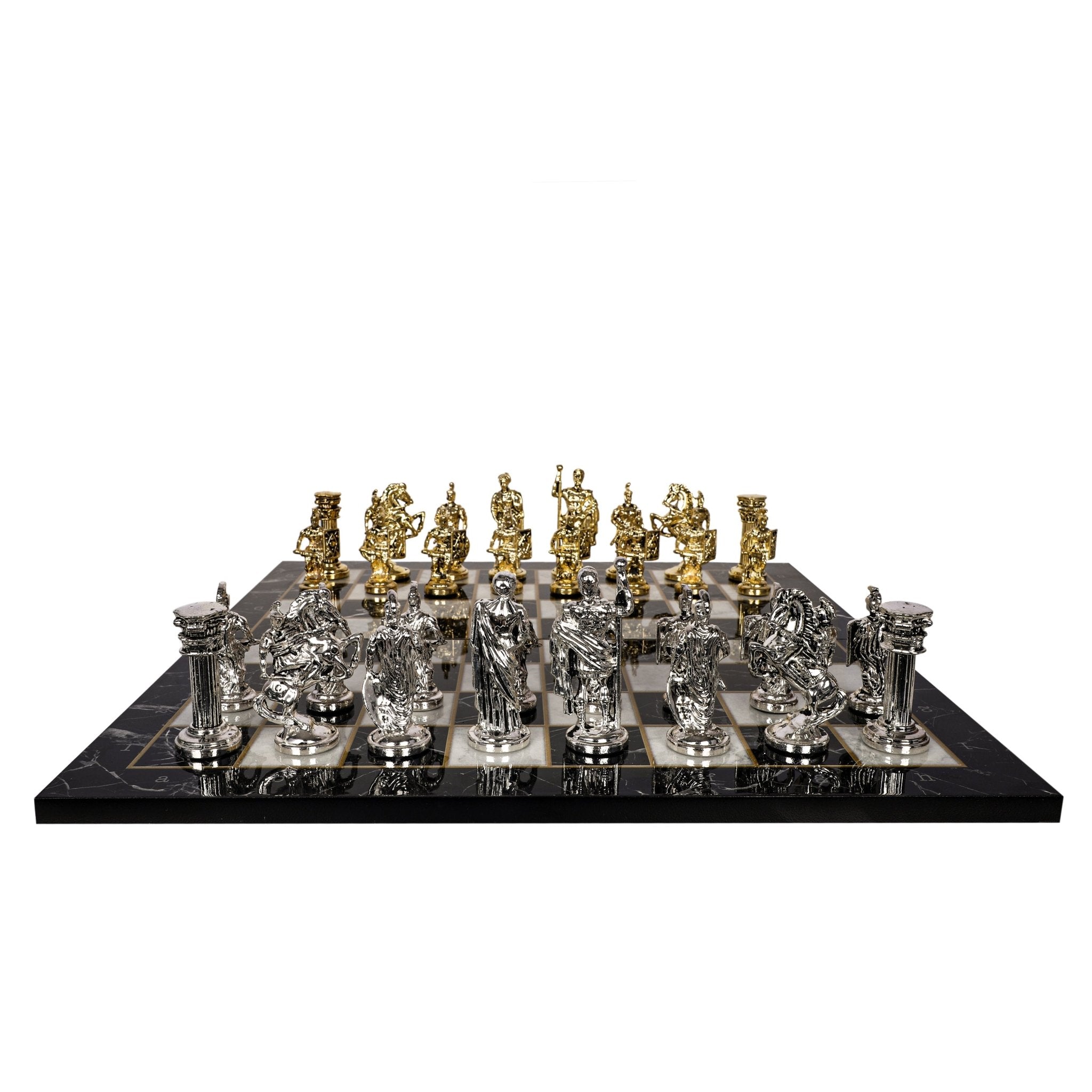 Metal Roman Chess Set | Wooden Board Marble/Mosaic Pattern – 44 cm (17 inch) - Cooper Chess